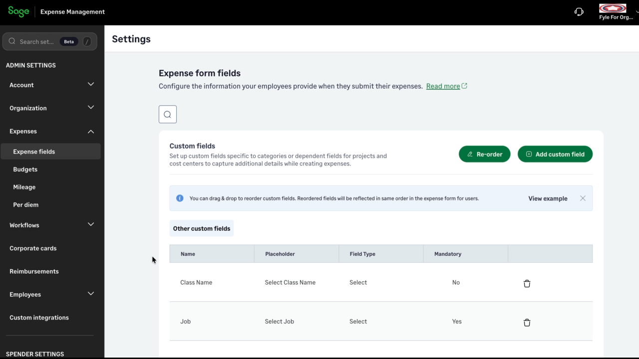 Sage Expense Management settings showing drag-and-drop reordering of custom expense fields to match organizational workflows