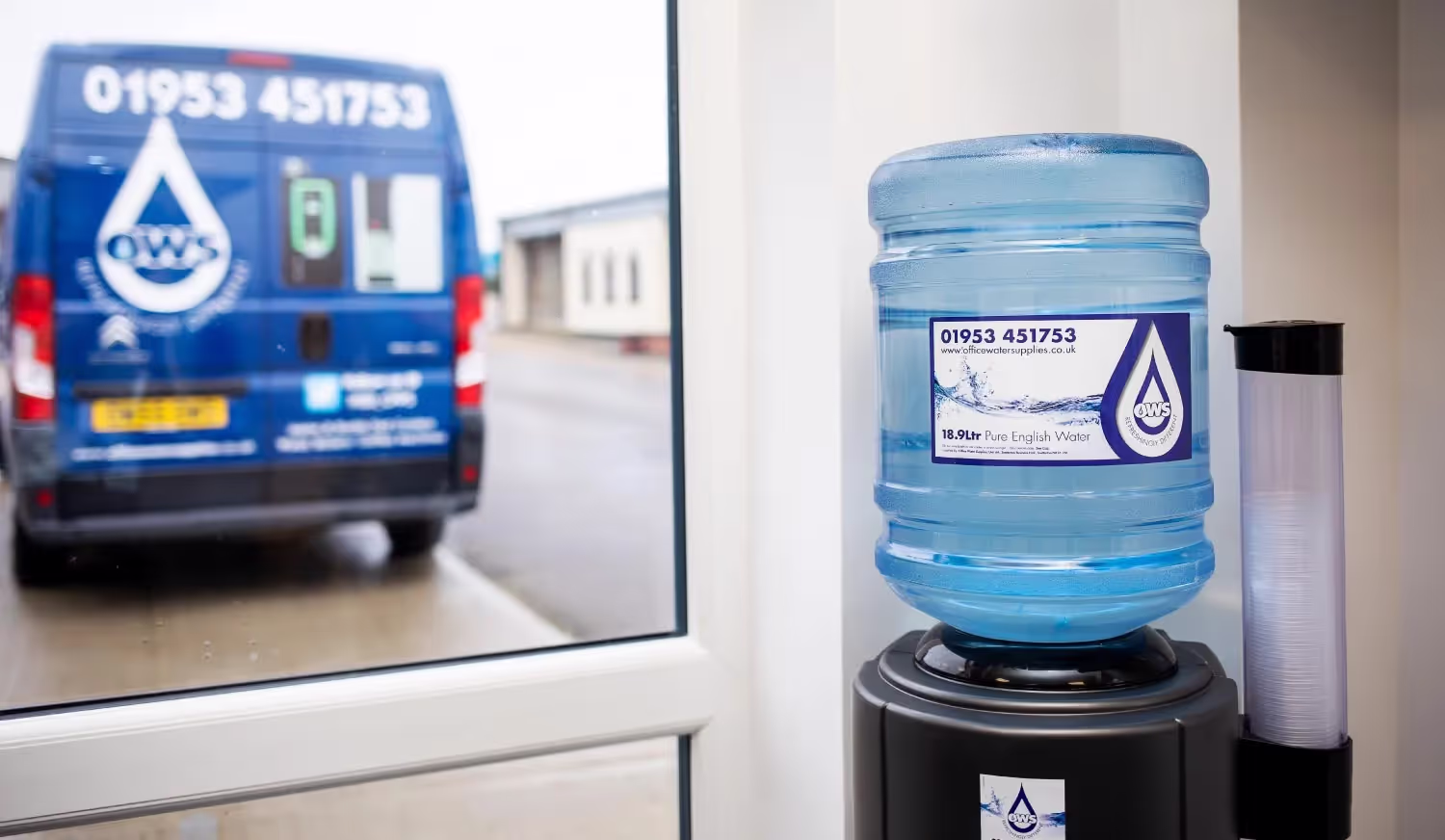 ows water bottle and delivery van