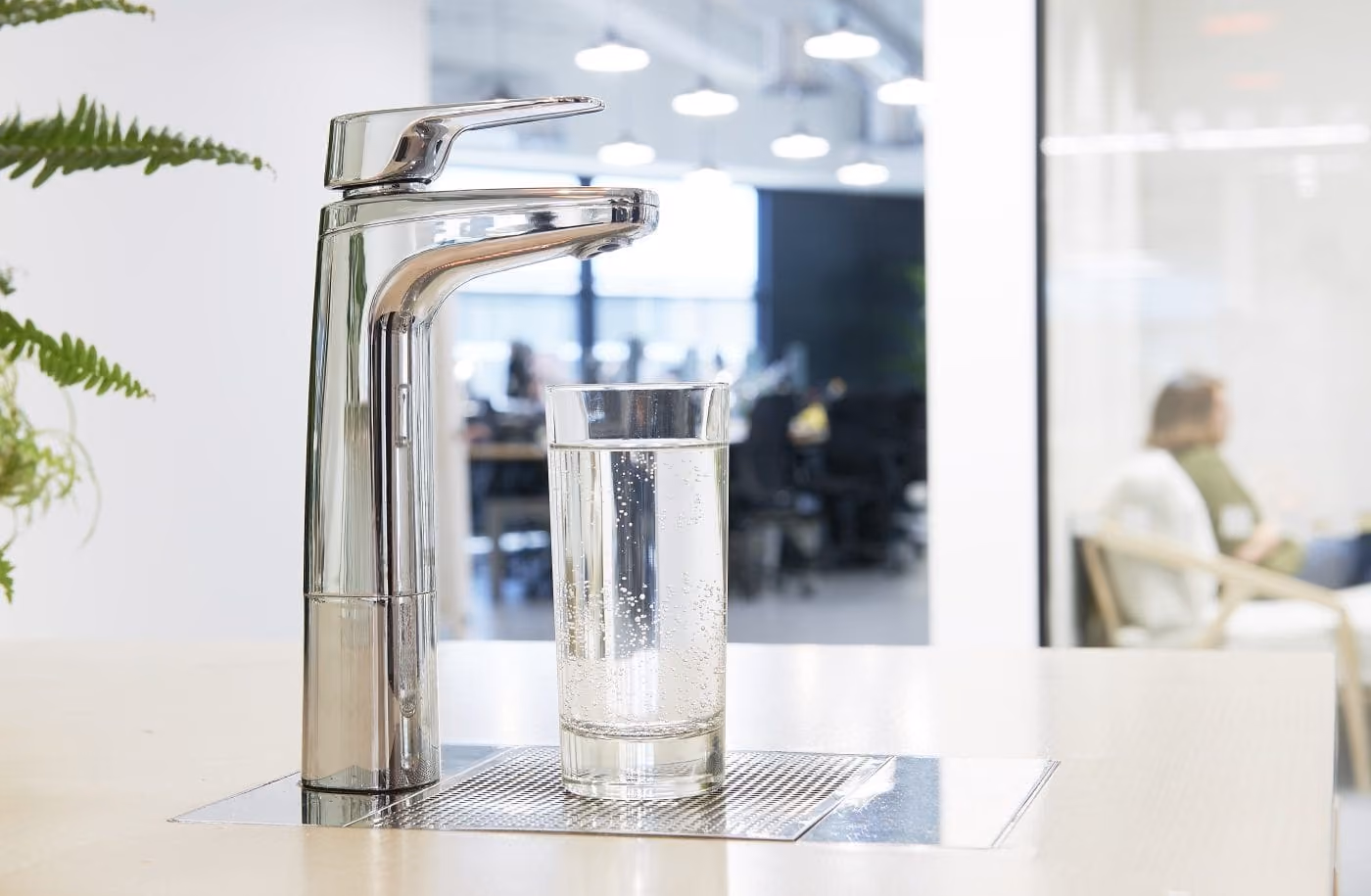 Billi XL levered water dispenser in chrome in an office