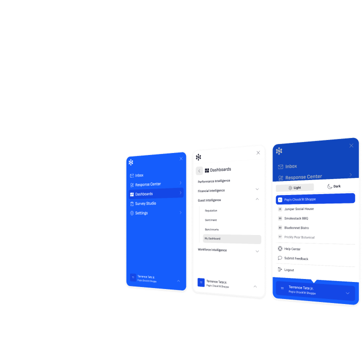 Three mobile navigation screens in perspective.