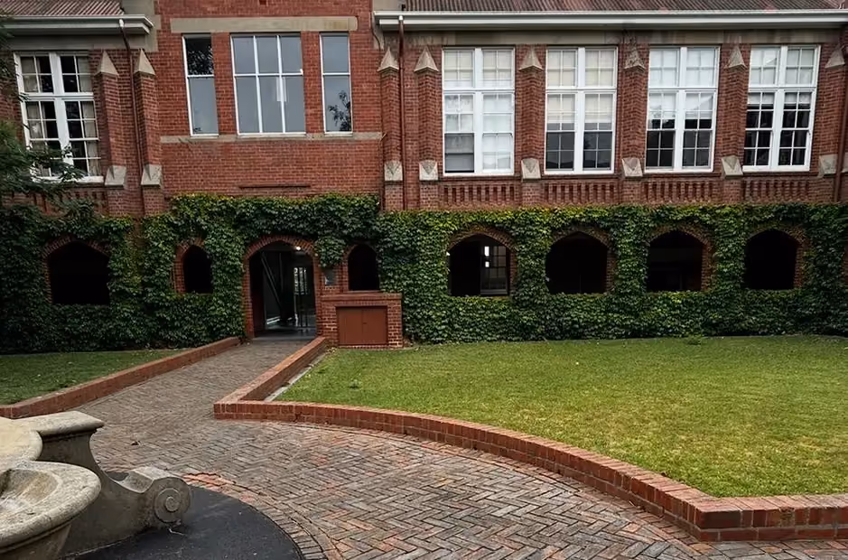 Tidied greenery and freshly maintained lawn with pruned ivy around a red-brick building following landscaping work.