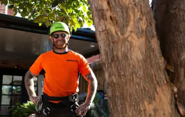 고객의 집에서 작업하는 동안 카메라를 향해 미소 짓고 있는 한 아버리스트.