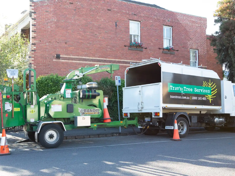 Emergency tree removal truck and equipment parked roadside