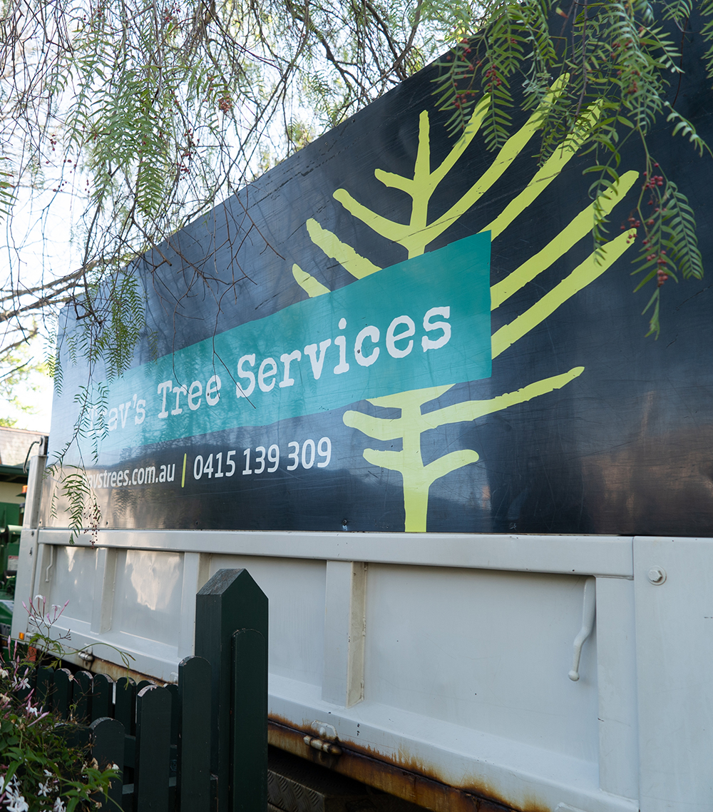 Trav’s Tree Services truck onsite during residential tree maintenance work.
