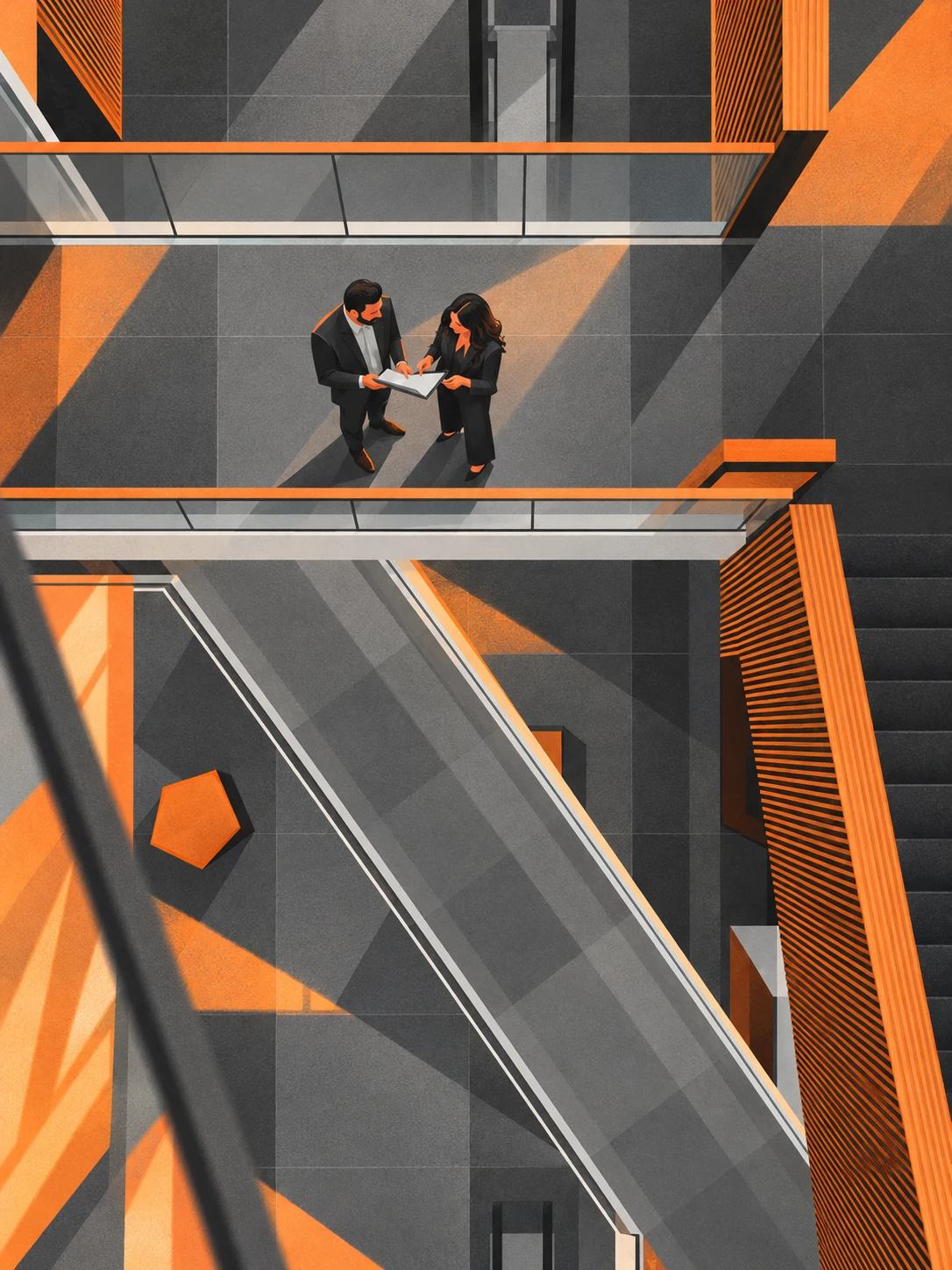 Two lawyers reviewing a document on an office balcony
