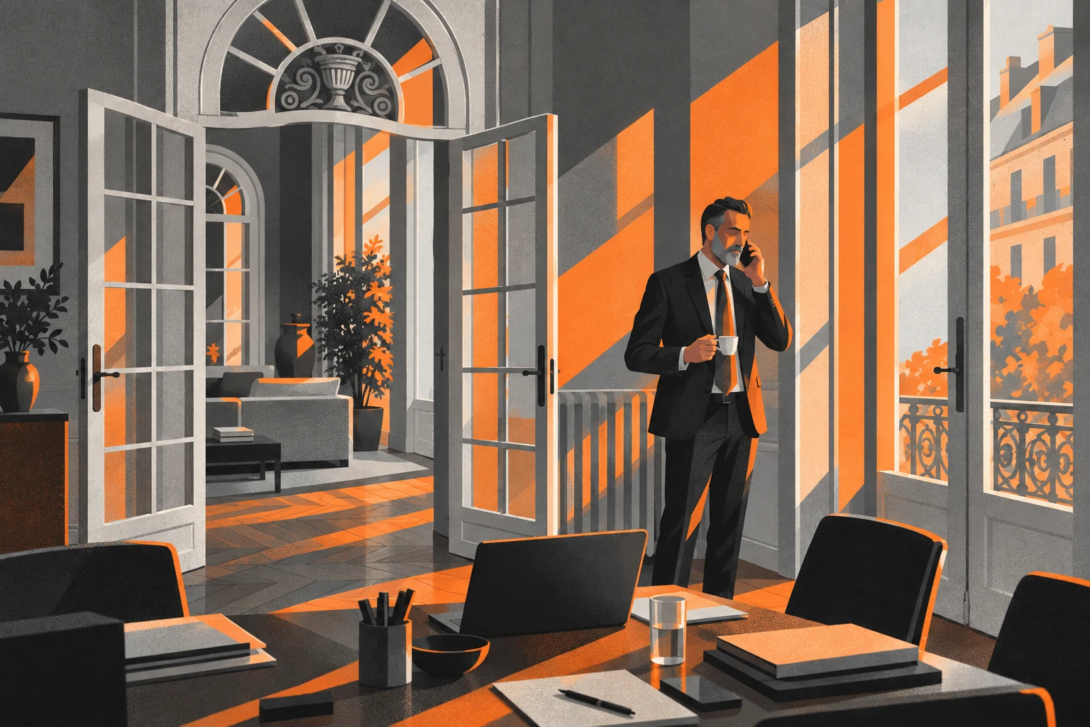 Orange and charcoal illustration of a lawyer taking a call in a heritage office