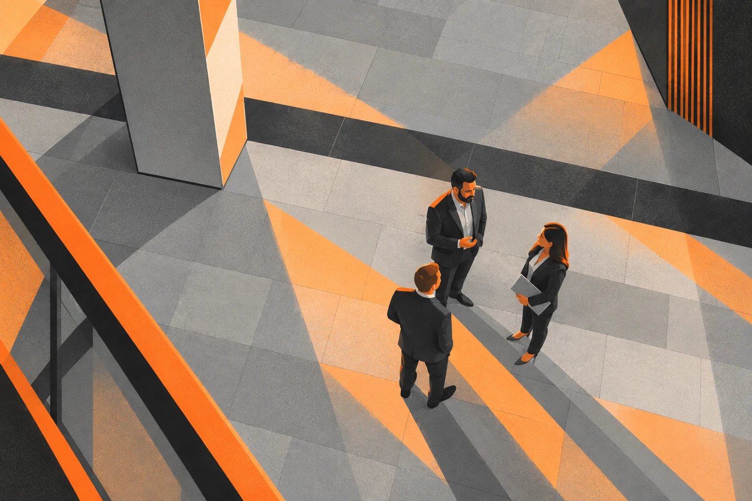 Three colleagues discussing legal support in an atrium
