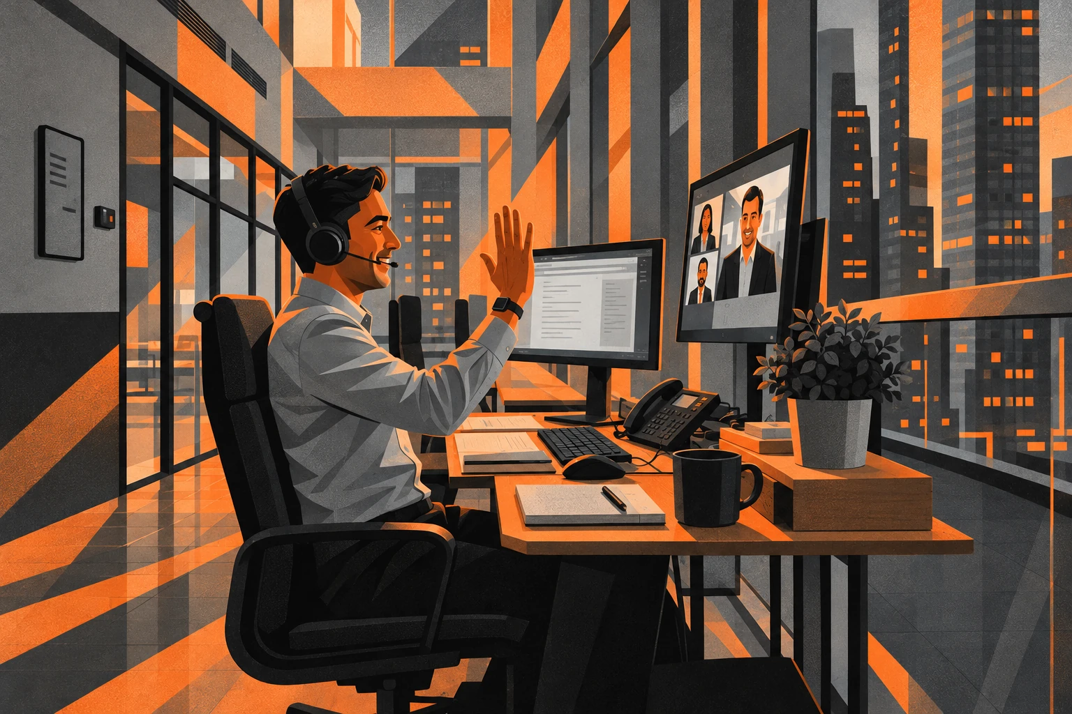 Orange and charcoal illustration of a professional speaking with colleagues on a video call