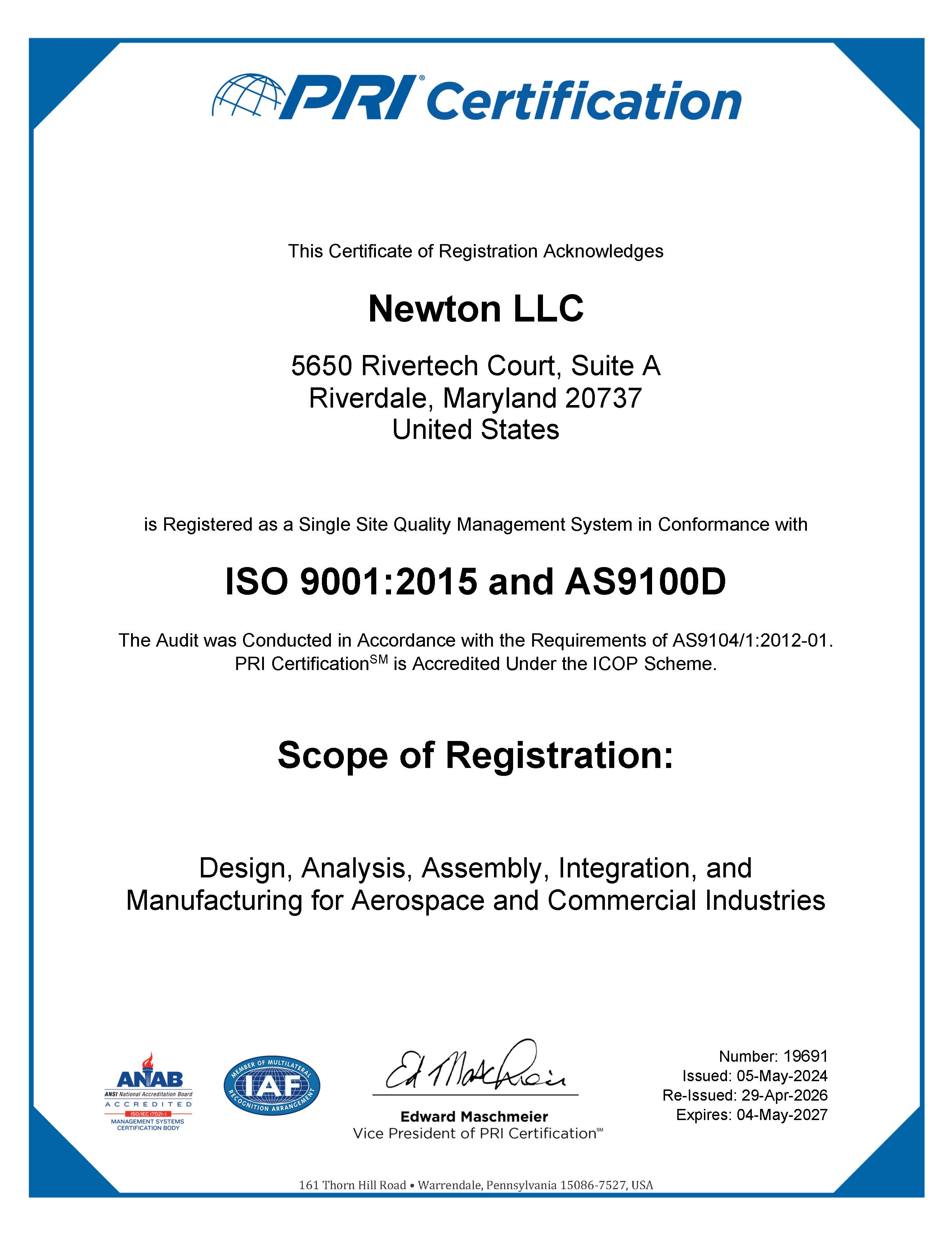 Scope of registration: design, analysis, assembly, integration, 3D printing, and model making, for aerospace and commercial industries