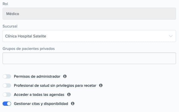 Permisos de médico con controles separados para acceder a todas las agendas y gestionar citas y disponibilidad