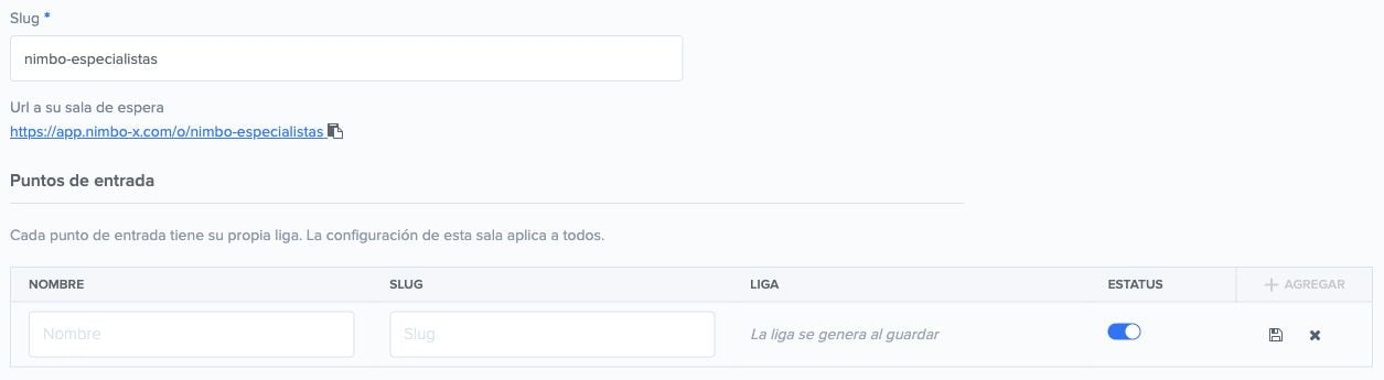 Configuración de una sala de espera demo con su enlace principal y los campos para agregar un punto de entrada