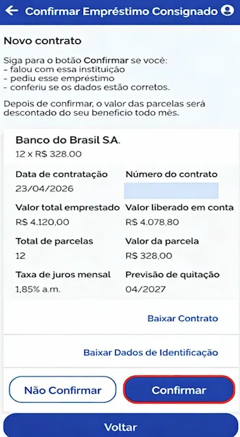 Detalhes do contrato de empréstimo consignado para confirmar anuência