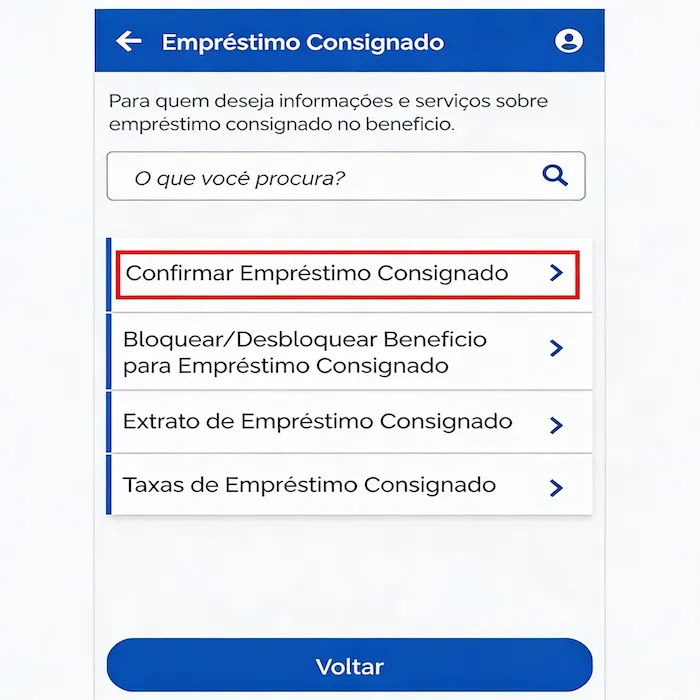 Tela do aplicativo Meu INSS com pesquisa de Empréstimo Consignado