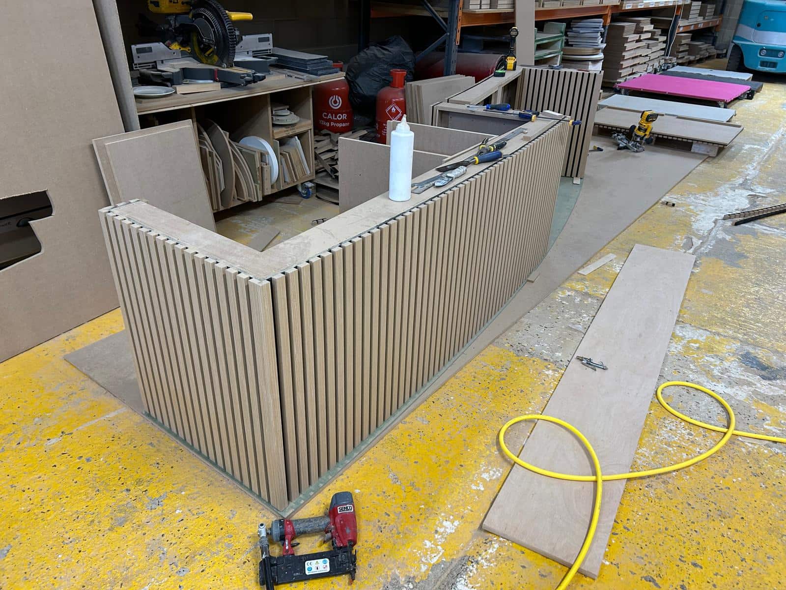 image of bespoke reception desk being built