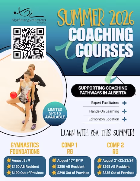 Summer 2026 rhythmic gymnastics coaching courses in Alberta with dates, prices, and training details.