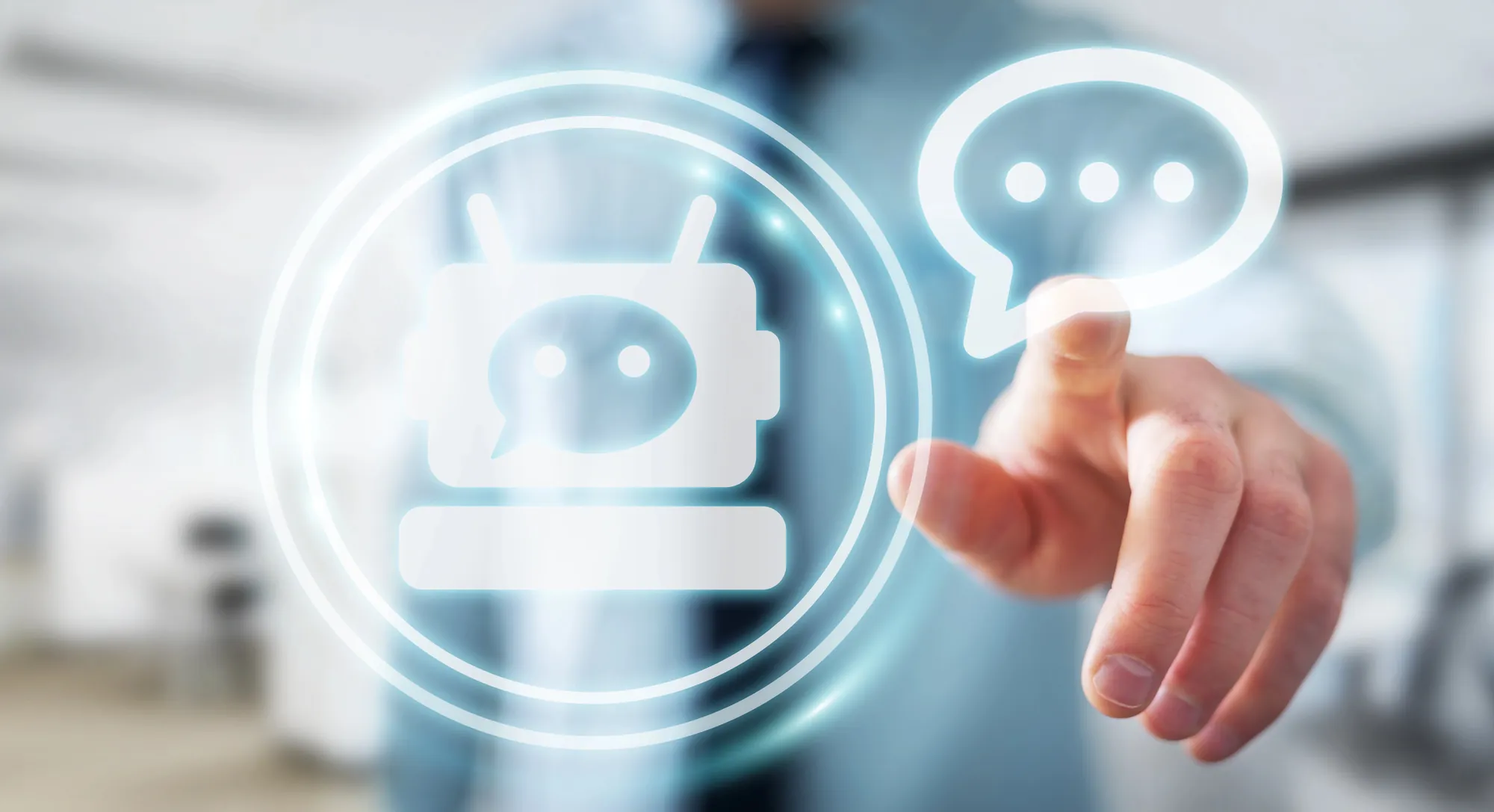 Business professional interacting with an AI chatbot interface representing automated customer support and social media engagement