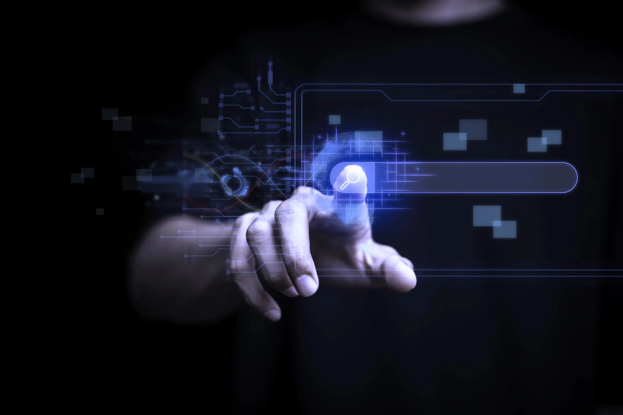 Person interacting with a digital AI-powered search interface illustrating earning trust in AI answers and modern search technology