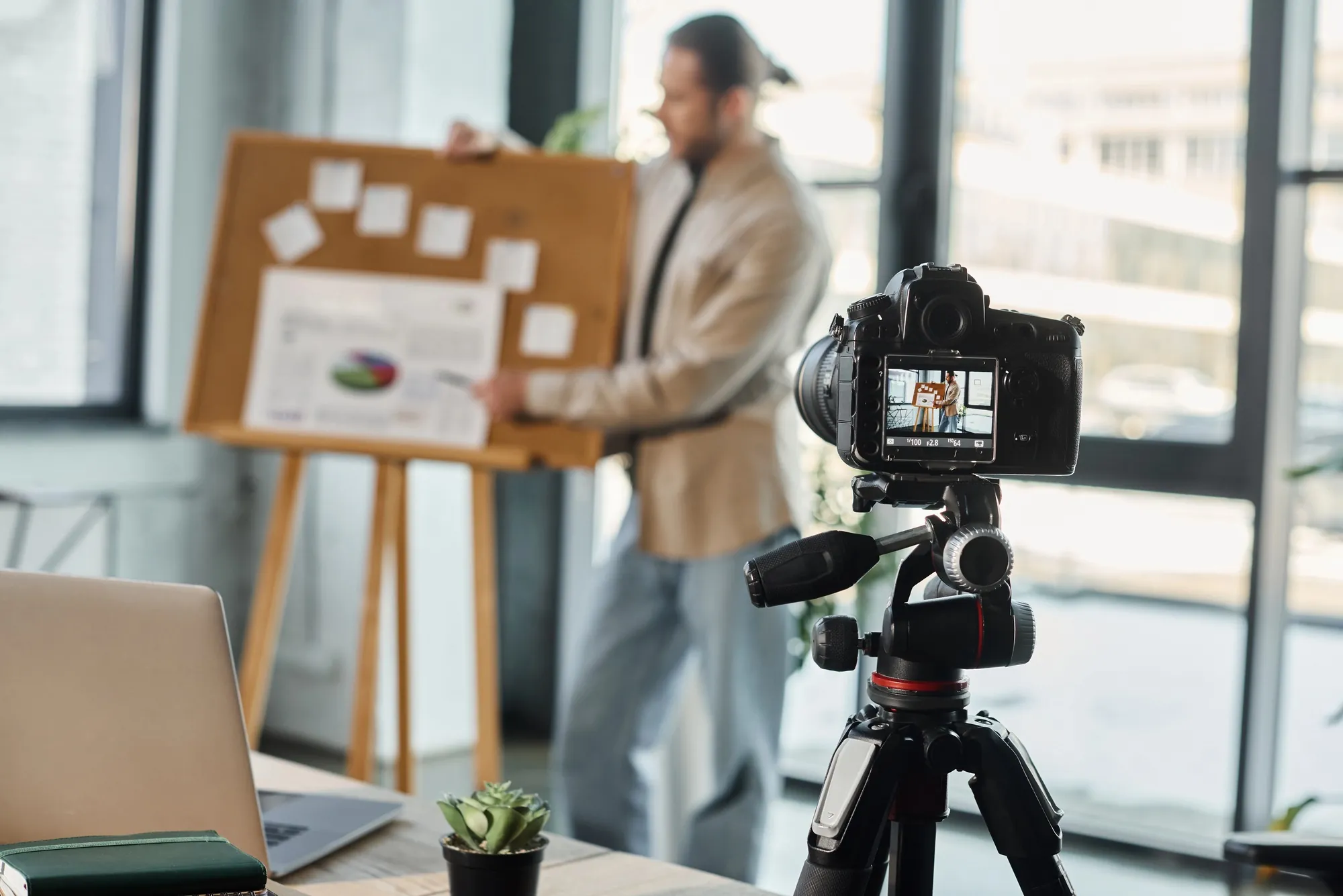 Professional content creator recording a business presentation for social media marketing content