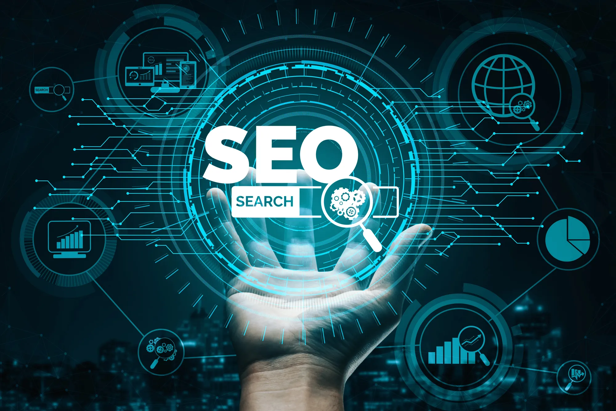 Digital illustration of a hand reaching toward a glowing SEO search icon surrounded by data charts and network lines