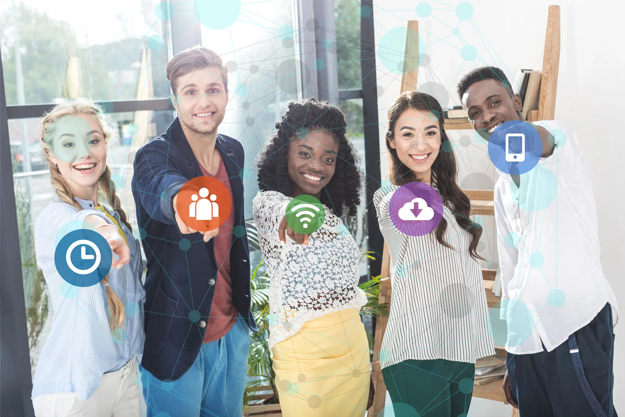 Group of five diverse coworkers smiling and pointing forward with digital network and app icons overlaid on the image