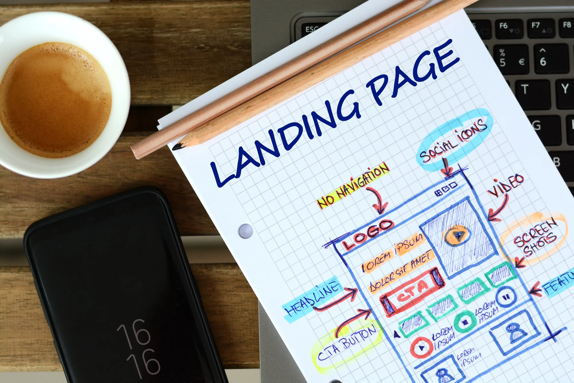Overhead view of a hand-drawn landing page wireframe sketch with a coffee cup and smartphone nearby