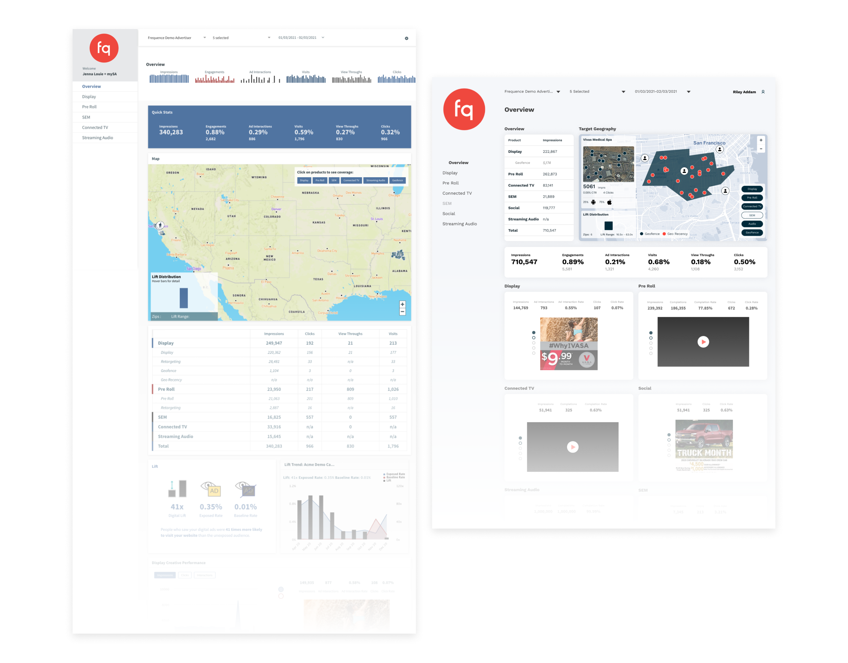 Before and after comparison of the dashboard UI, showing updated visual hierarchy, simplified layouts, and improved consistency across components.