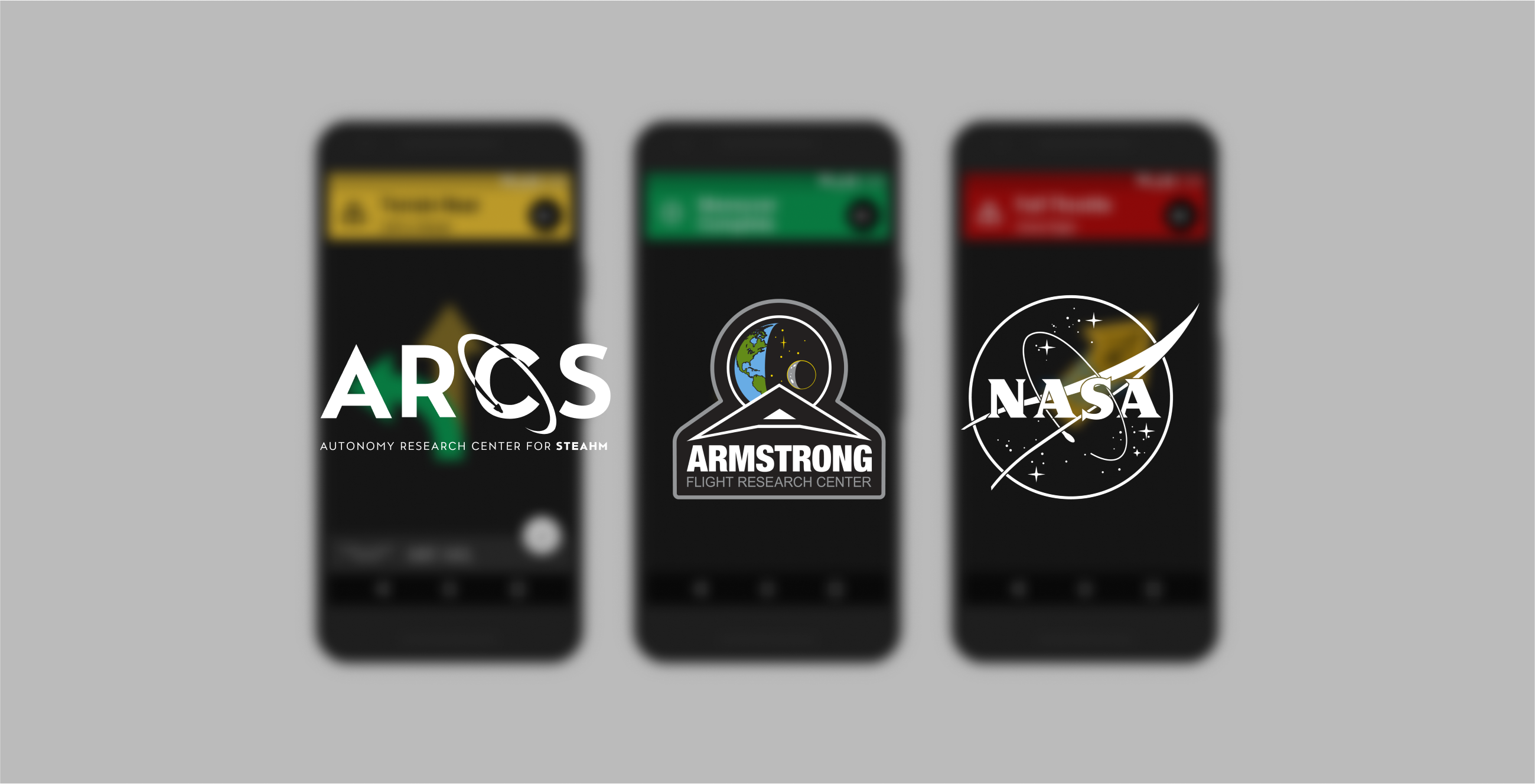 Three phones blurred in the background of the ARCS, Armstrong flight research center, and NASA logos