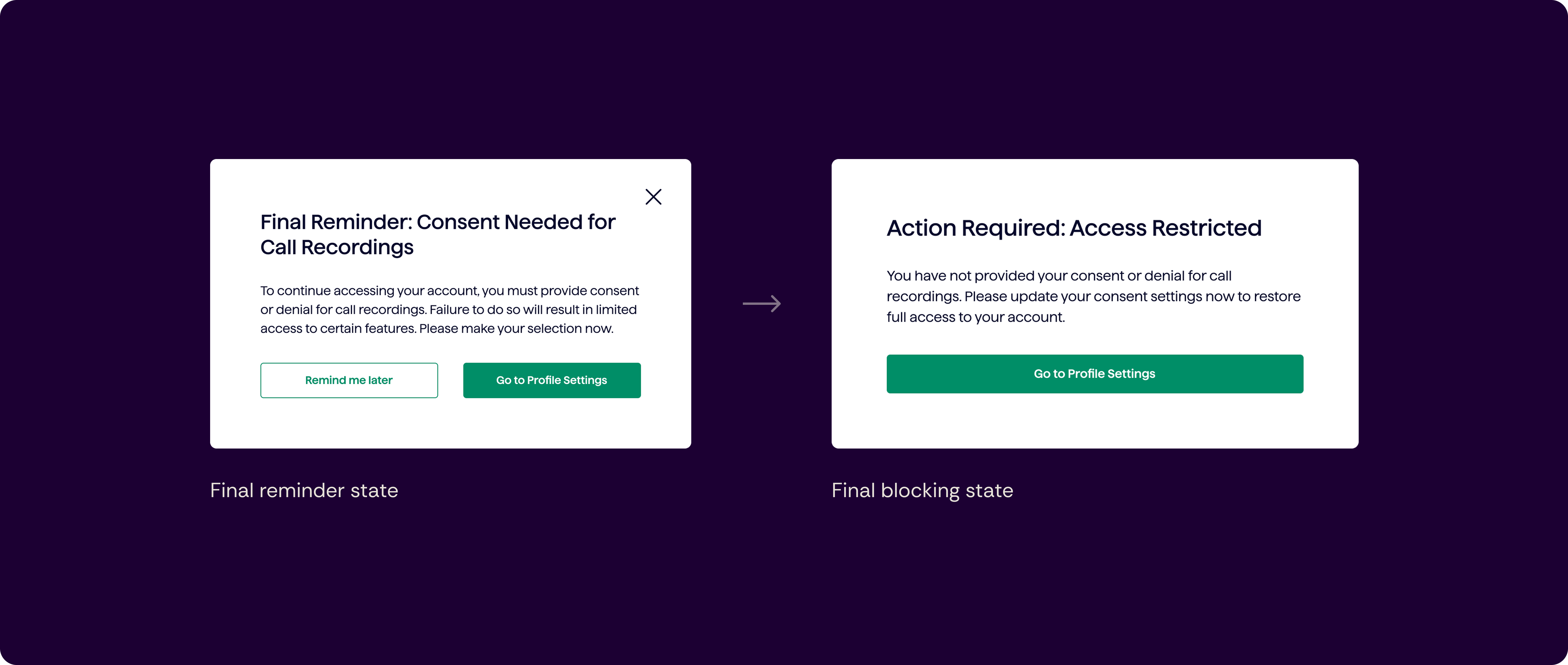 Modal screens showing consent prompts for mentor call recordings, including enabling recording and restricted access messaging