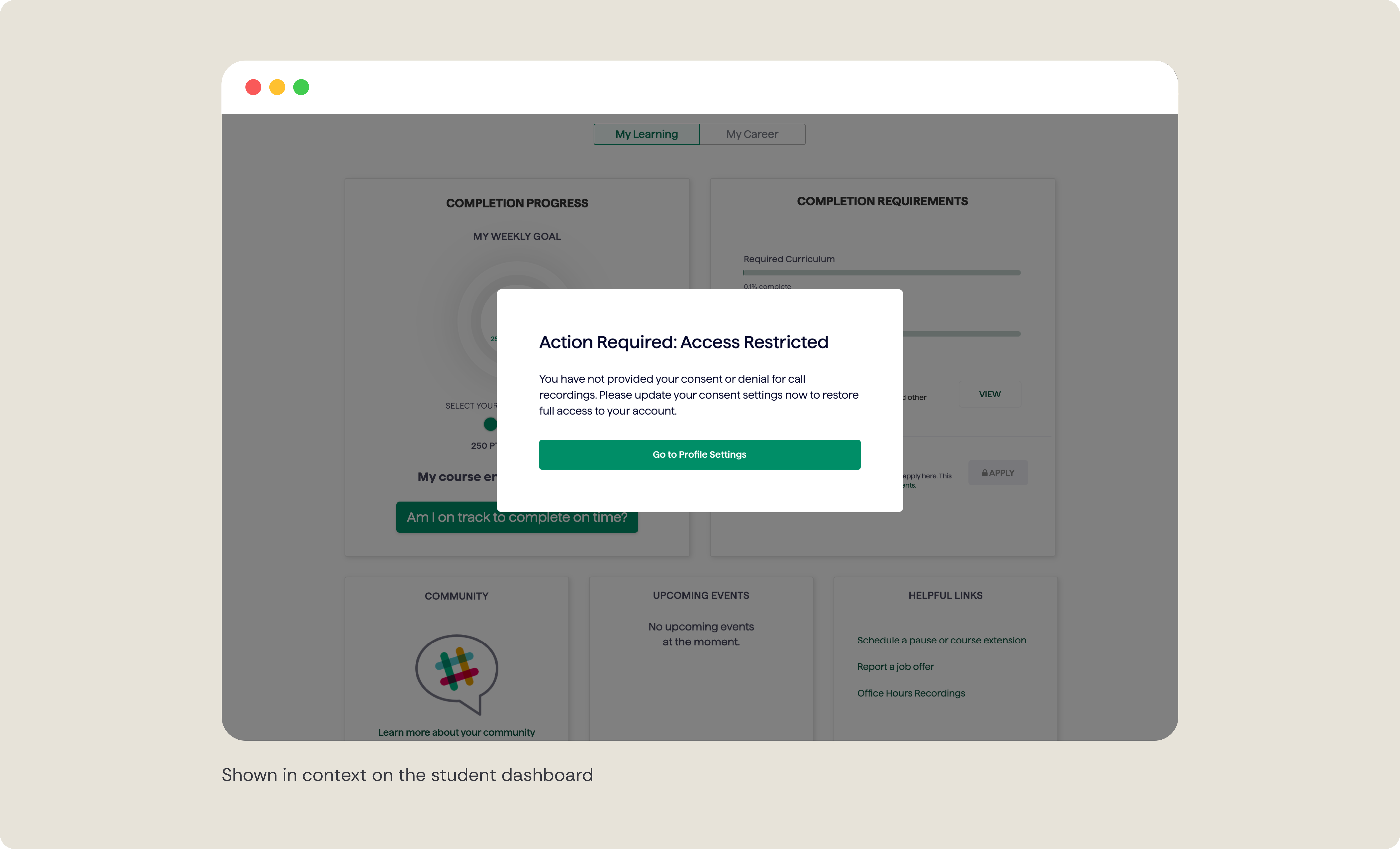 In-app consent modal prompting users to enable mentor call recordings within the learning dashboard.