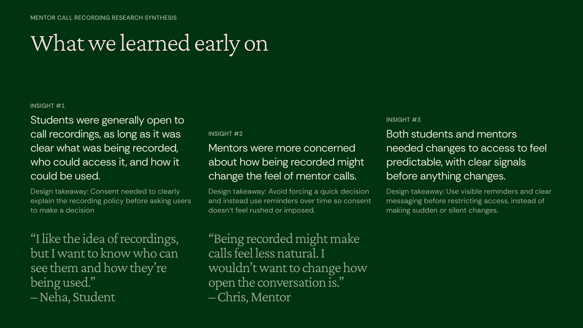 Summary of research insights highlighting student and mentor attitudes toward call recordings, including trust and privacy concerns