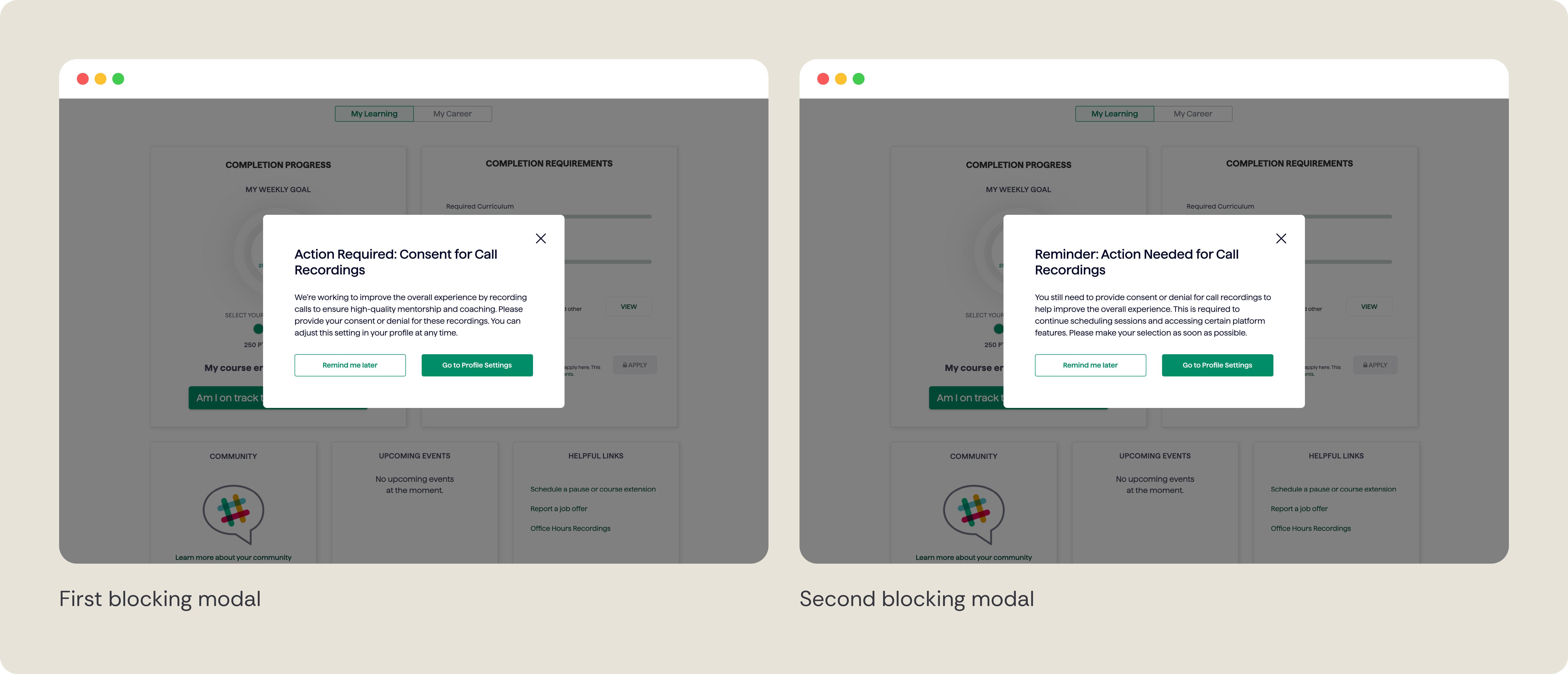 Consent reminders before enforcement across the student dashboard.