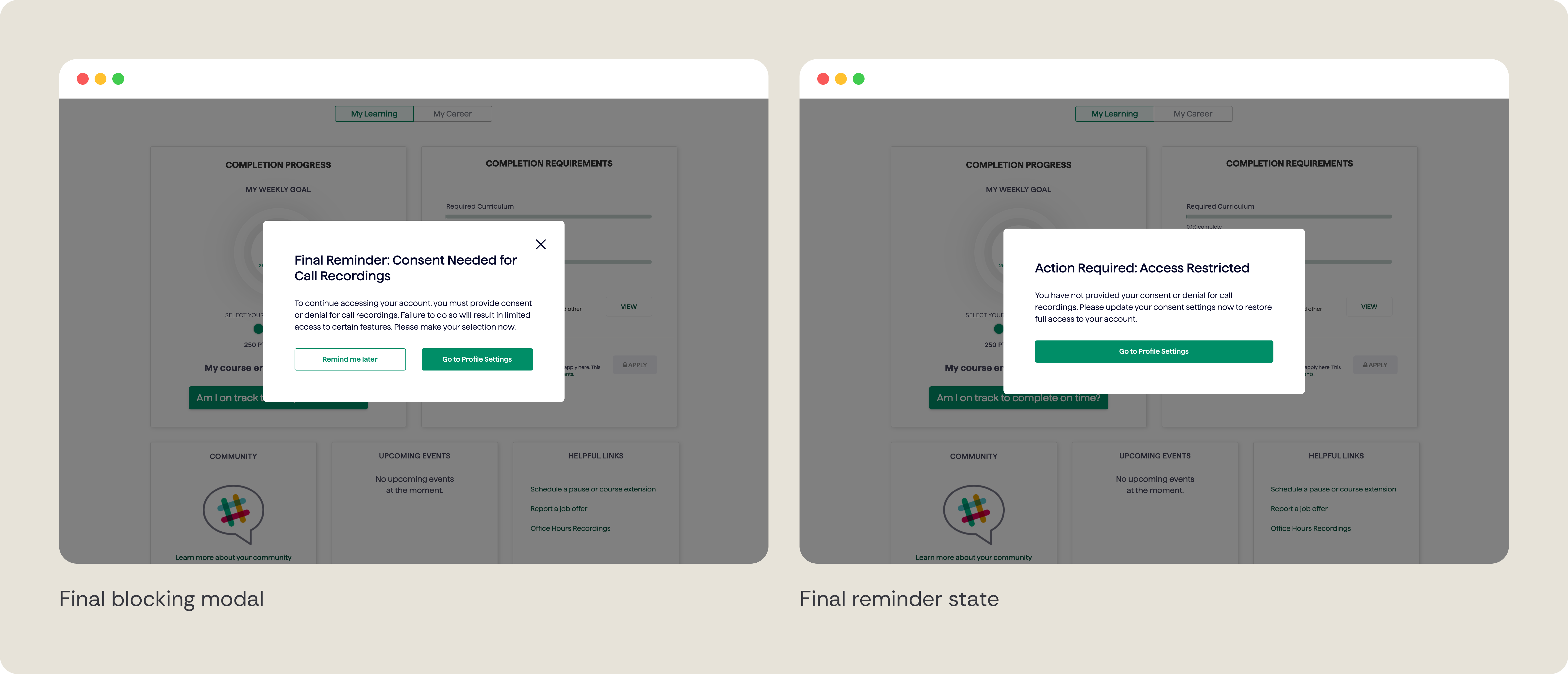 Consent reminders before enforcement across the student dashboard.