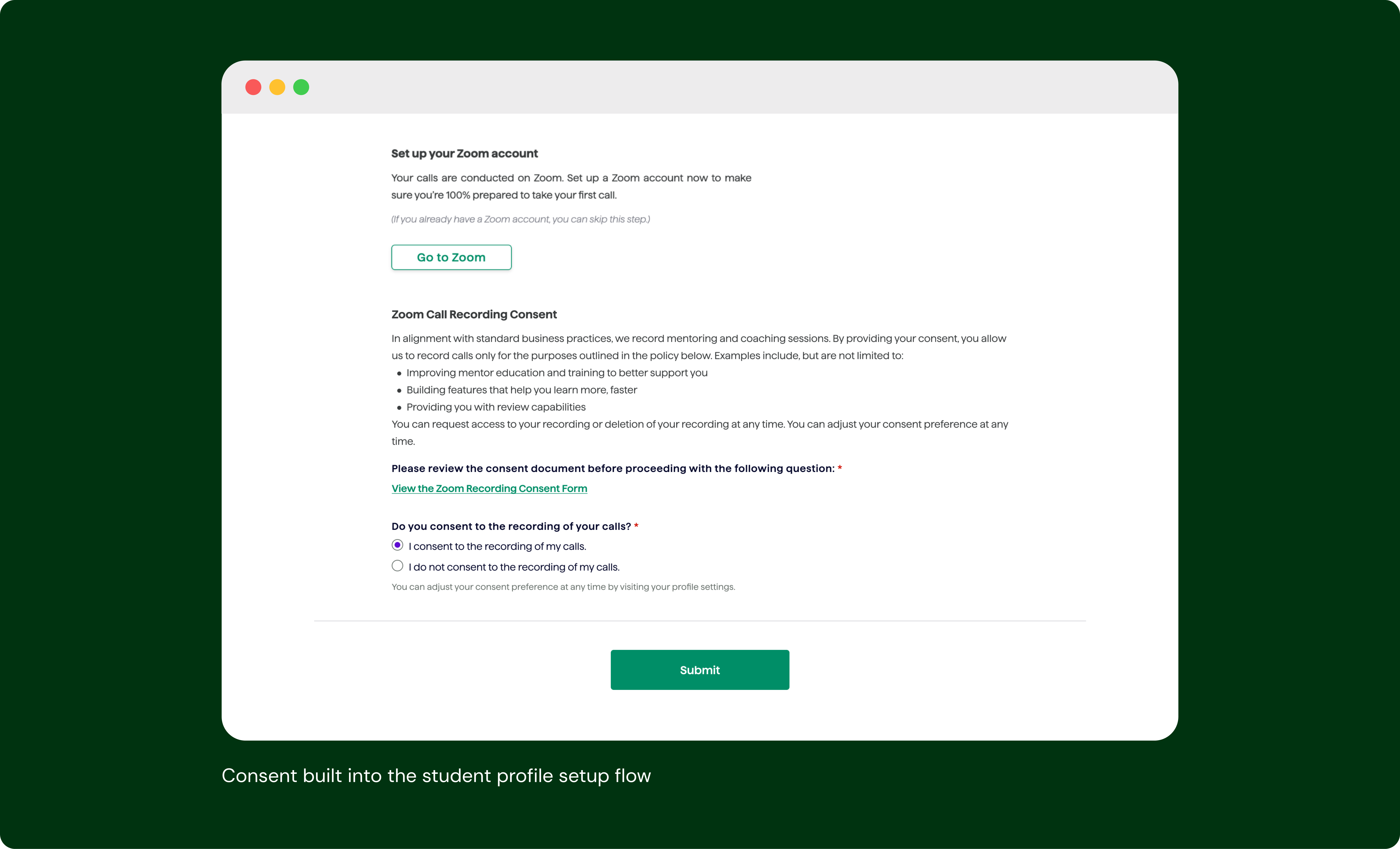 User settings screen allowing users to manage recording consent preferences and permissions.