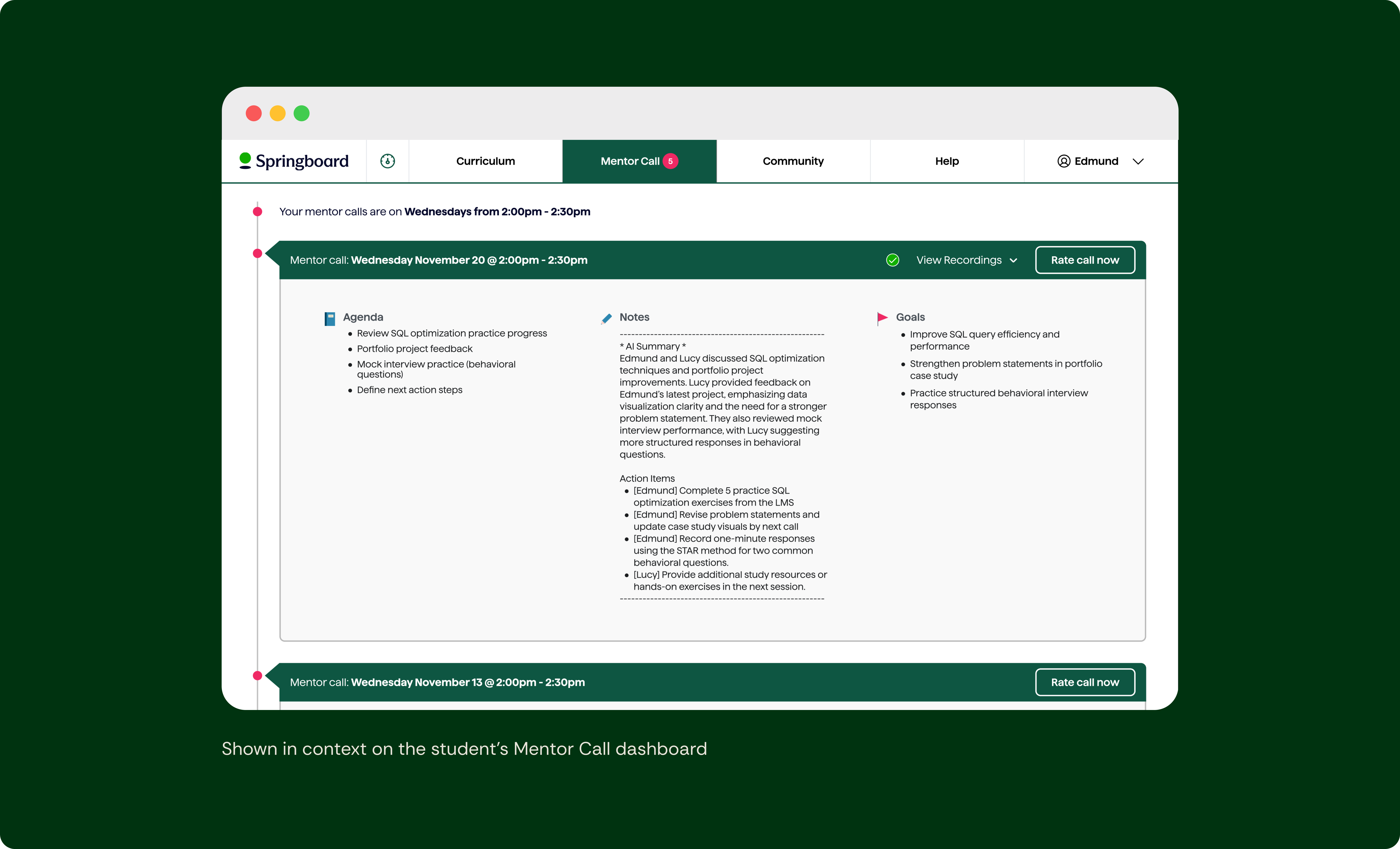 Mentor call log interface showing AI-generated summary, notes, goals, and recording access after a session.