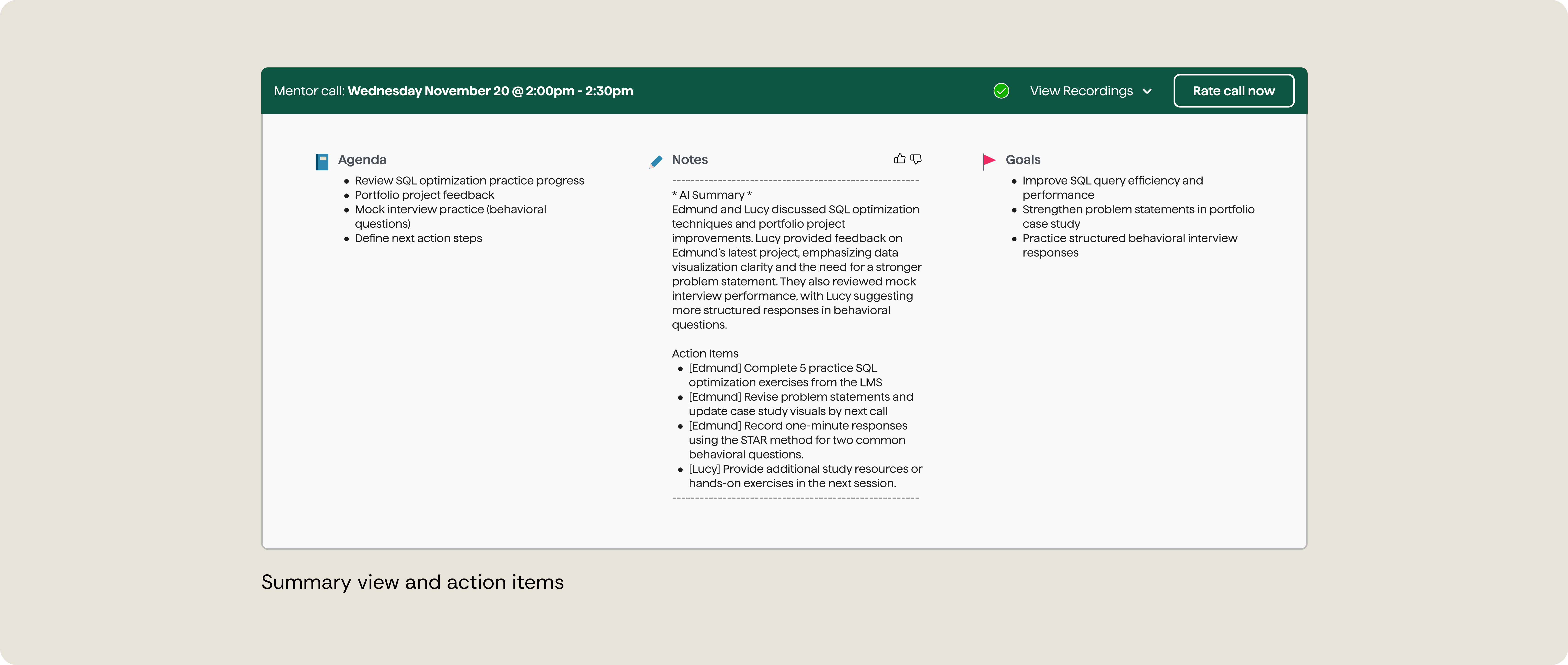 Call log UI highlighting AI summaries as the primary entry point with optional access to call recordings.