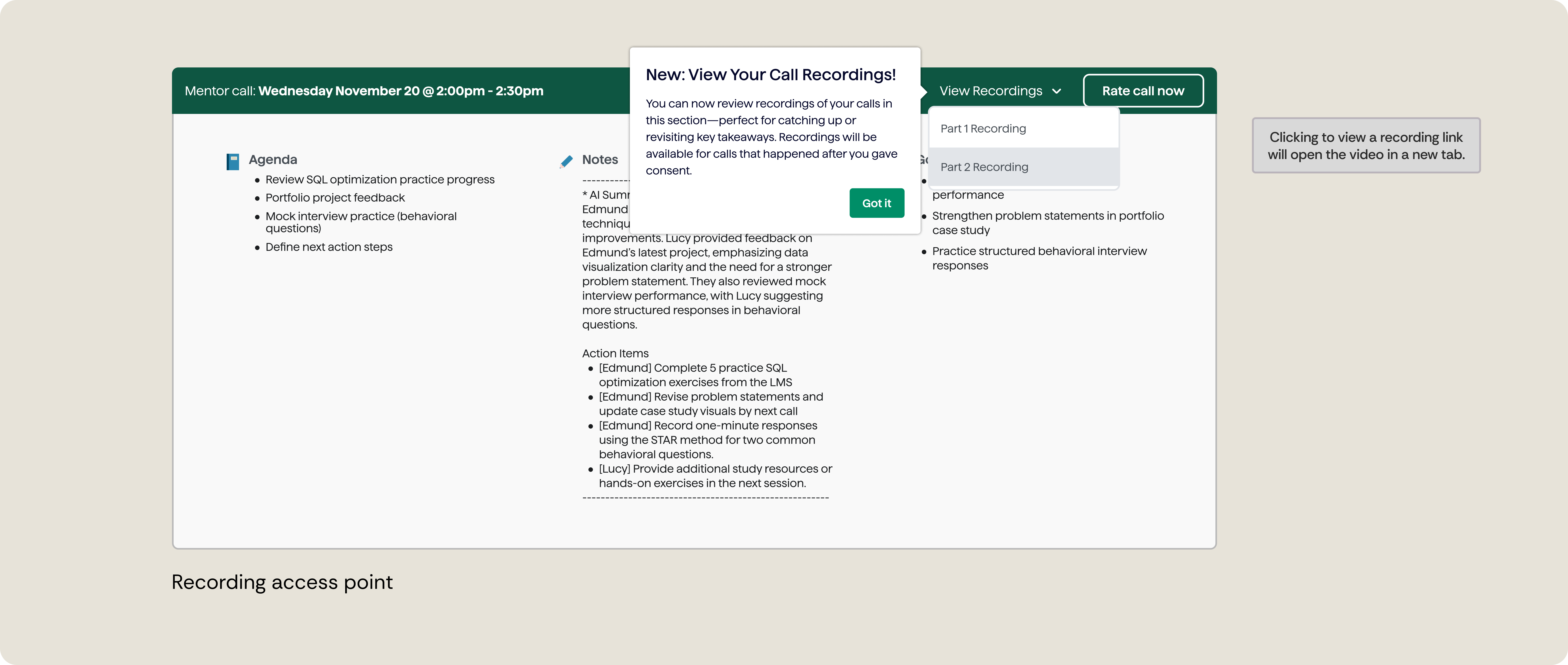 Interface showing how users can access recorded mentor calls within the dashboard.