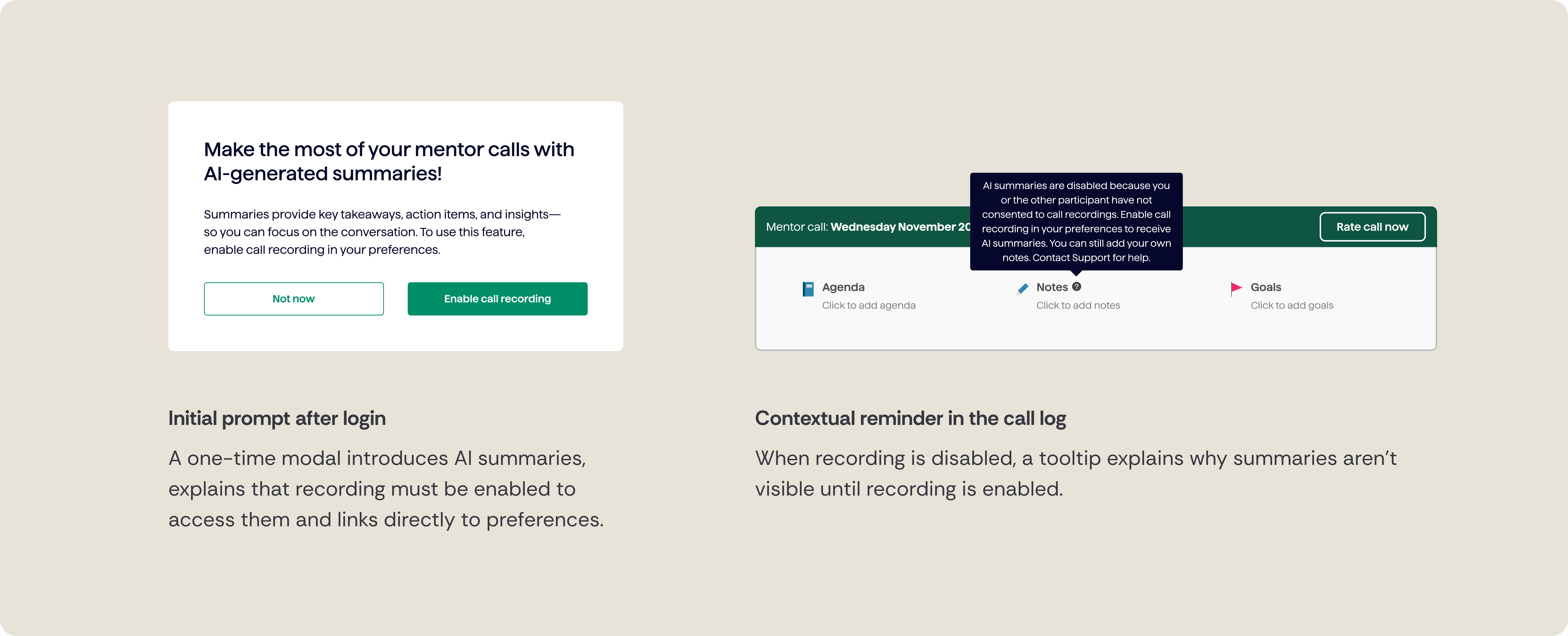 Empty state and tooltip messaging explaining why summaries are unavailable when recording consent is not enabled.
