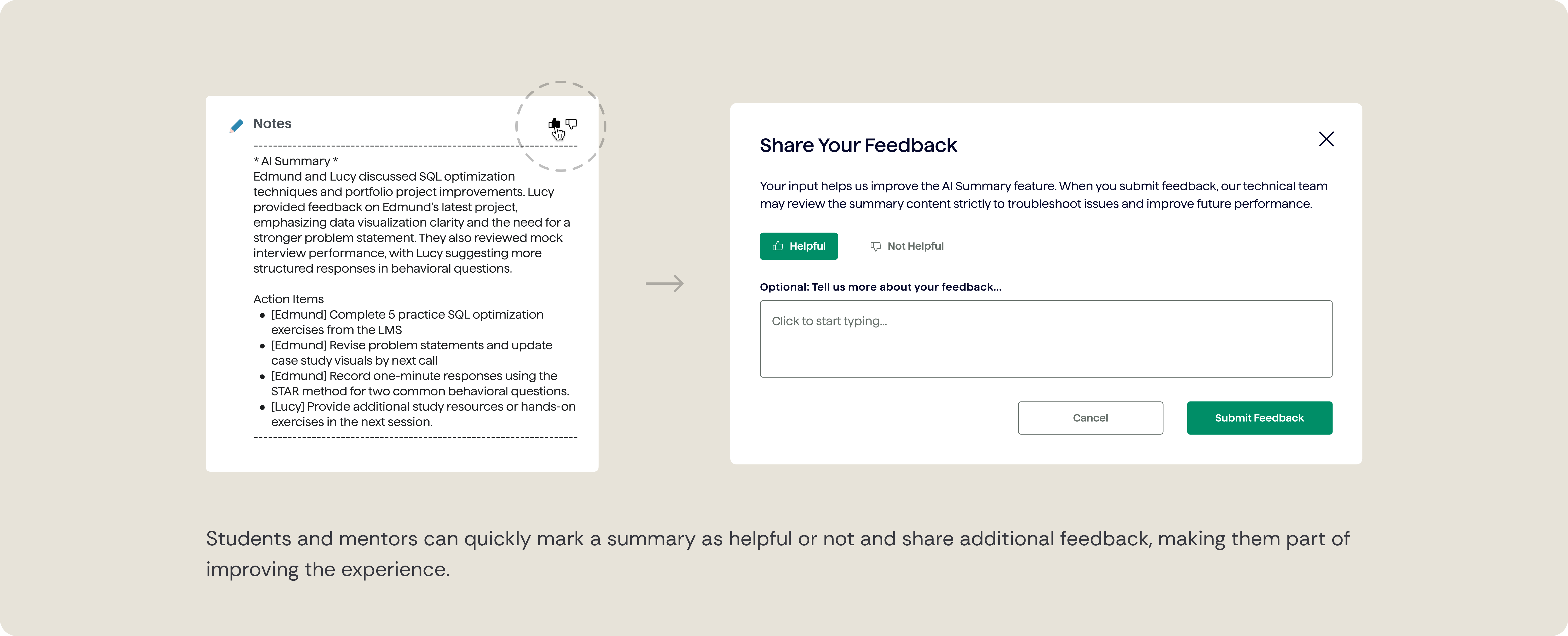 Feedback modal allowing users to rate and provide input on AI-generated summaries.