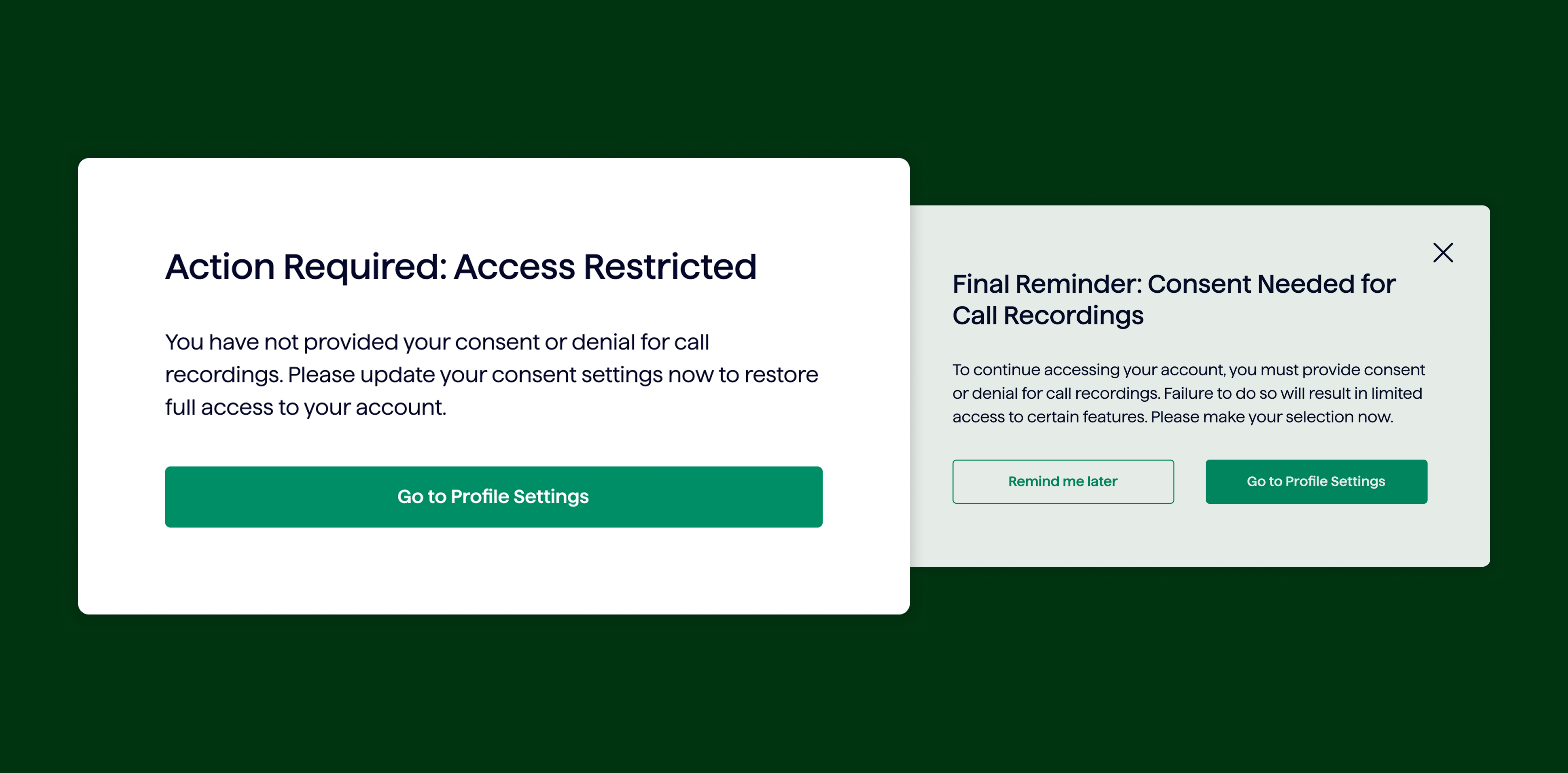 Modal screens showing consent prompts for mentor call recordings, including enabling recording and restricted access messaging.