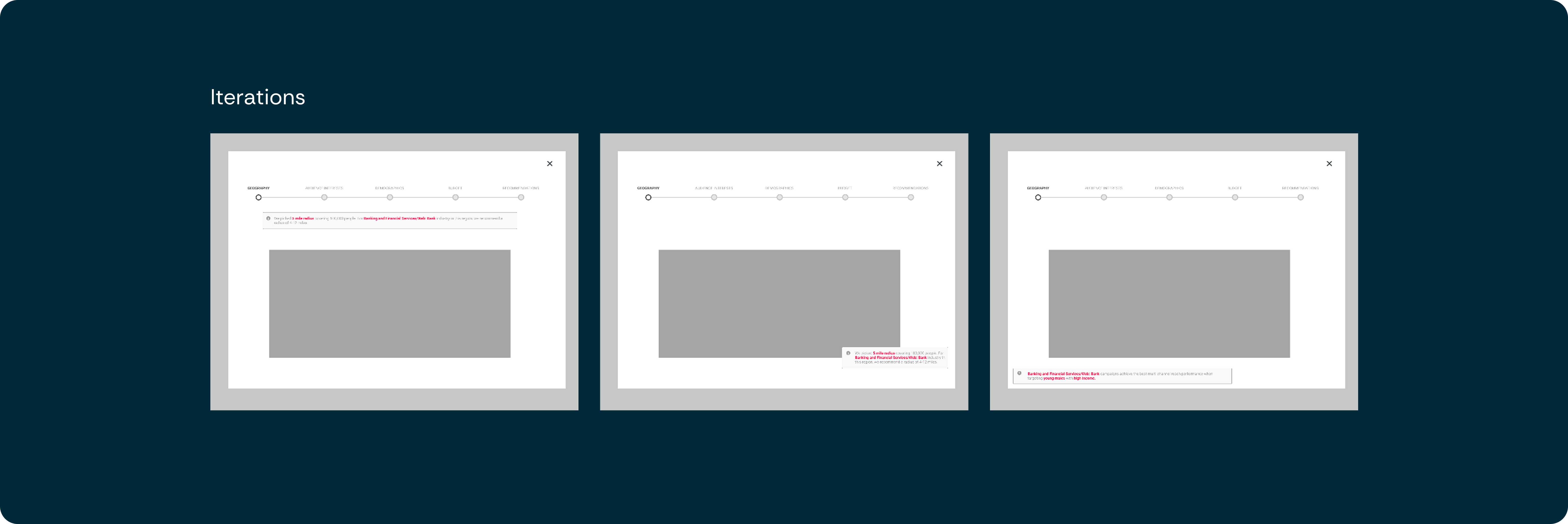 Design iterations showing different placements of a disclaimer message within a modal interface.