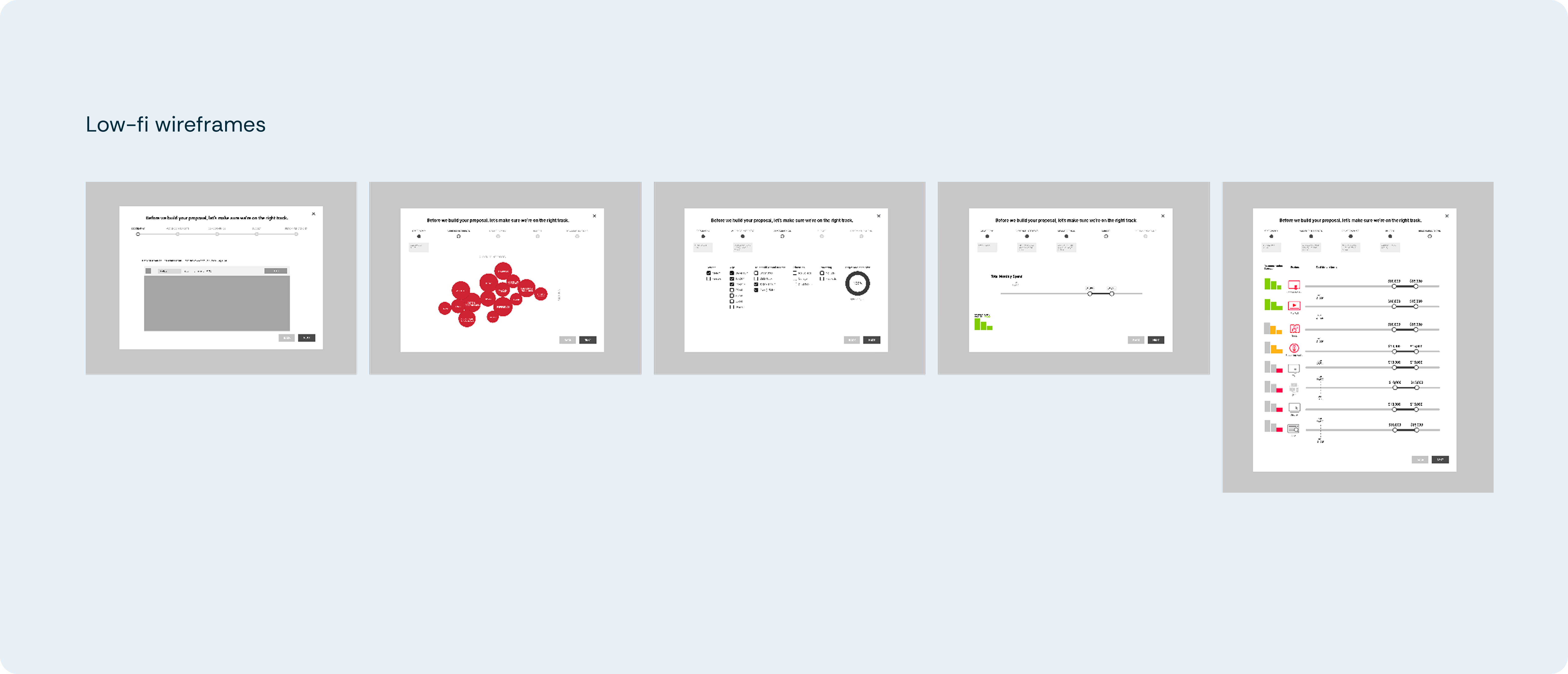 Series of low-fidelity wireframes illustrating different steps of the proposal flow.