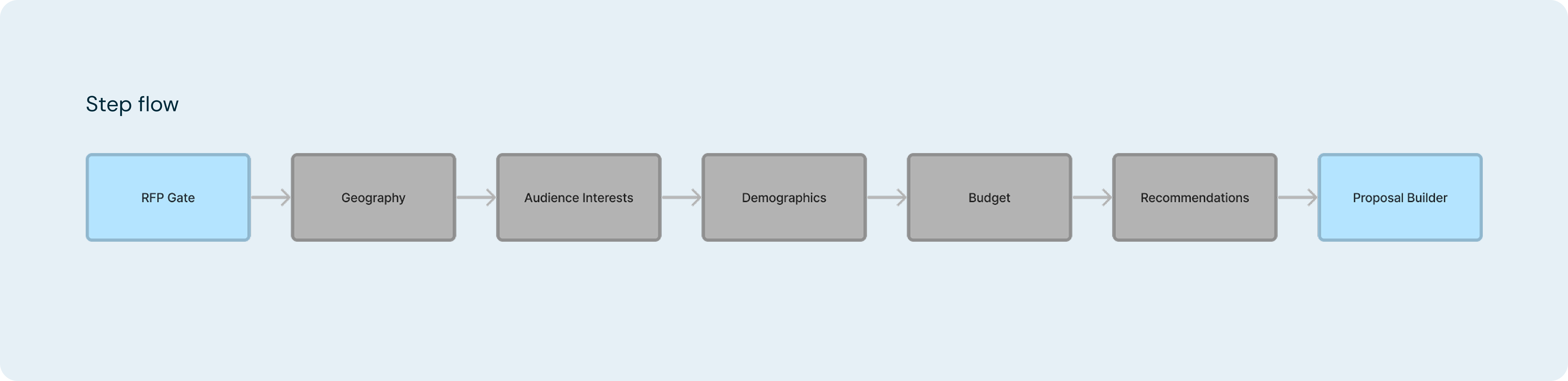 Linear flow diagram showing steps in the process, including geography, audience interests, demographics, budget, and recommendations.