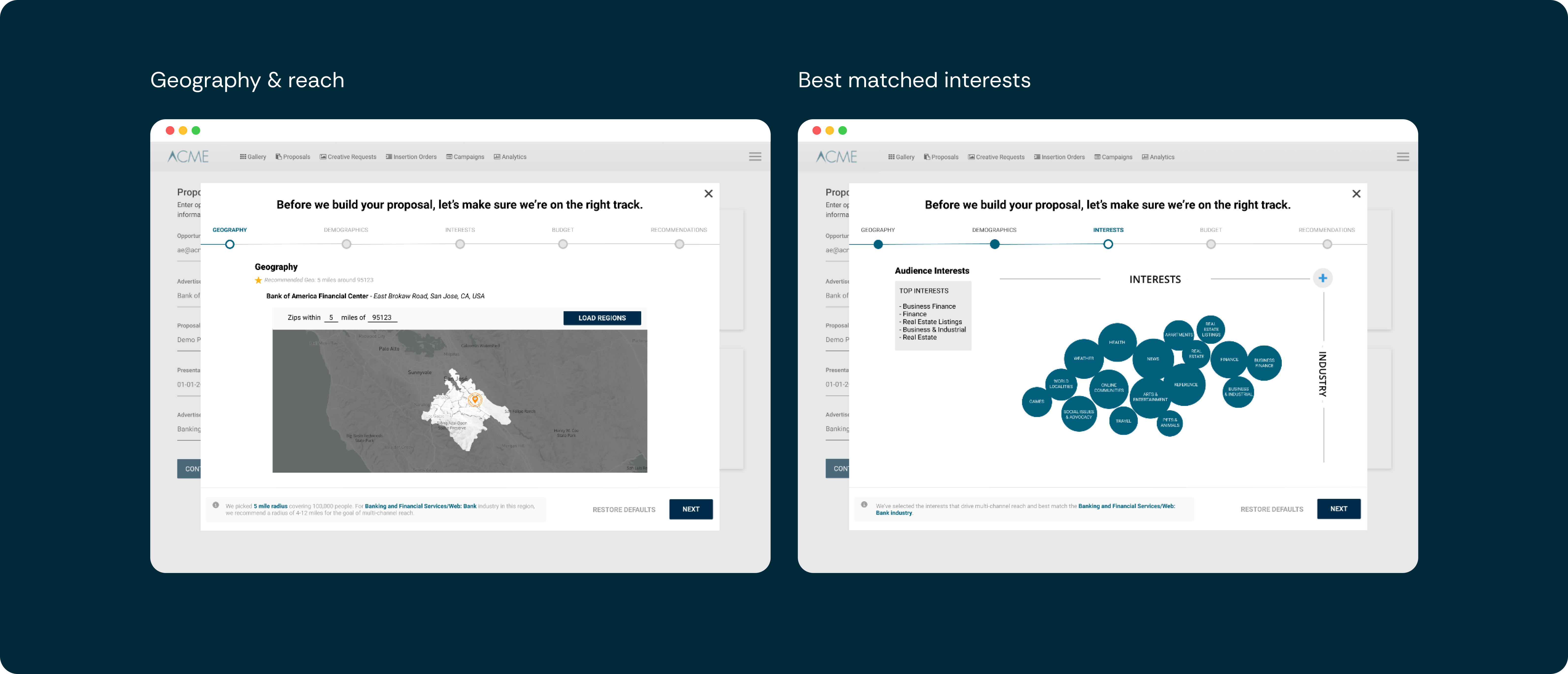 High fidelity UI screens of the proposal builder, including geography selection, audience interest visualization, budget adjustments, and recommended campaign products with allocated spend.