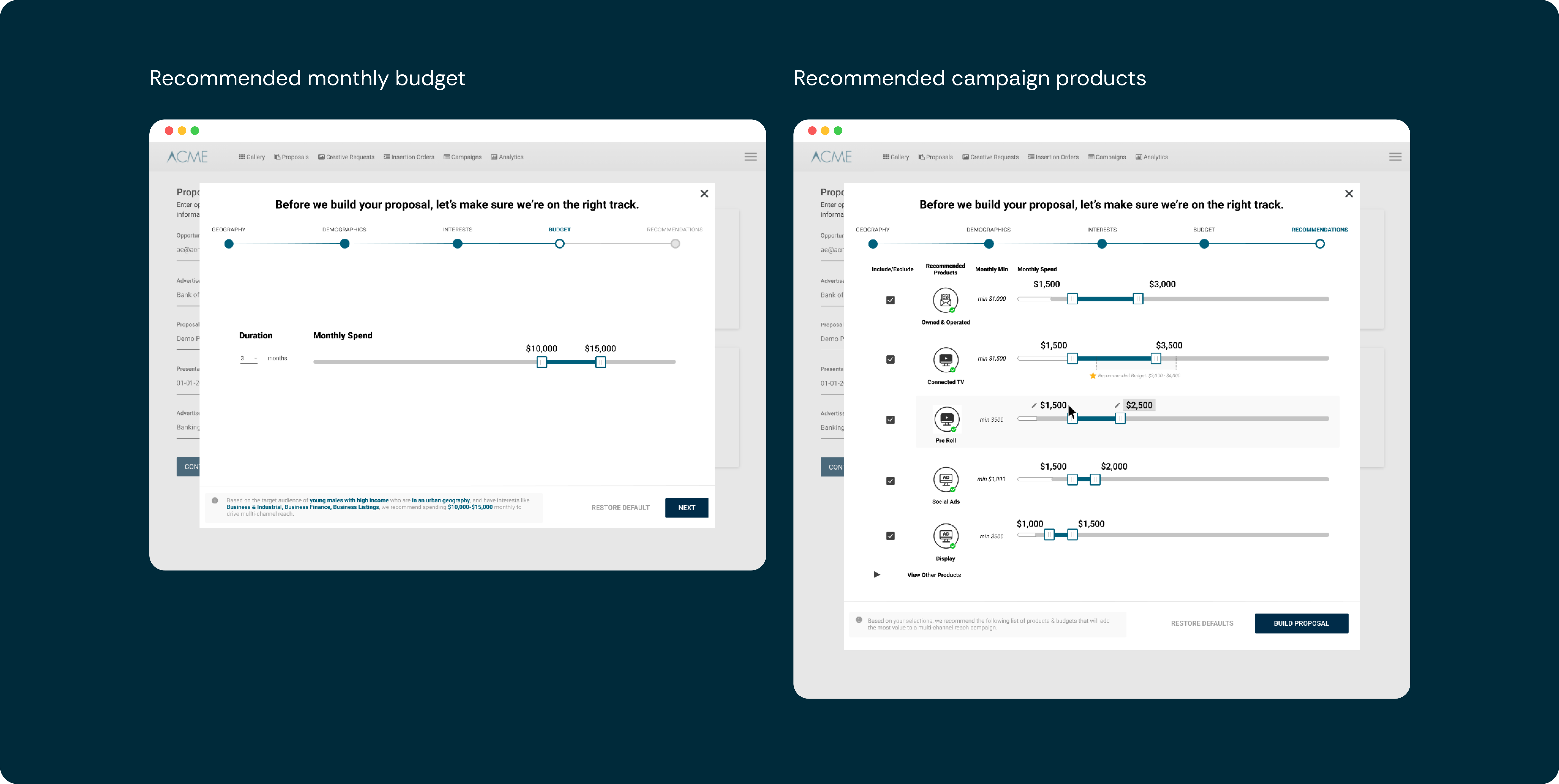 High fidelity UI screens of the proposal builder, including geography selection, audience interest visualization, budget adjustments, and recommended campaign products with allocated spend.