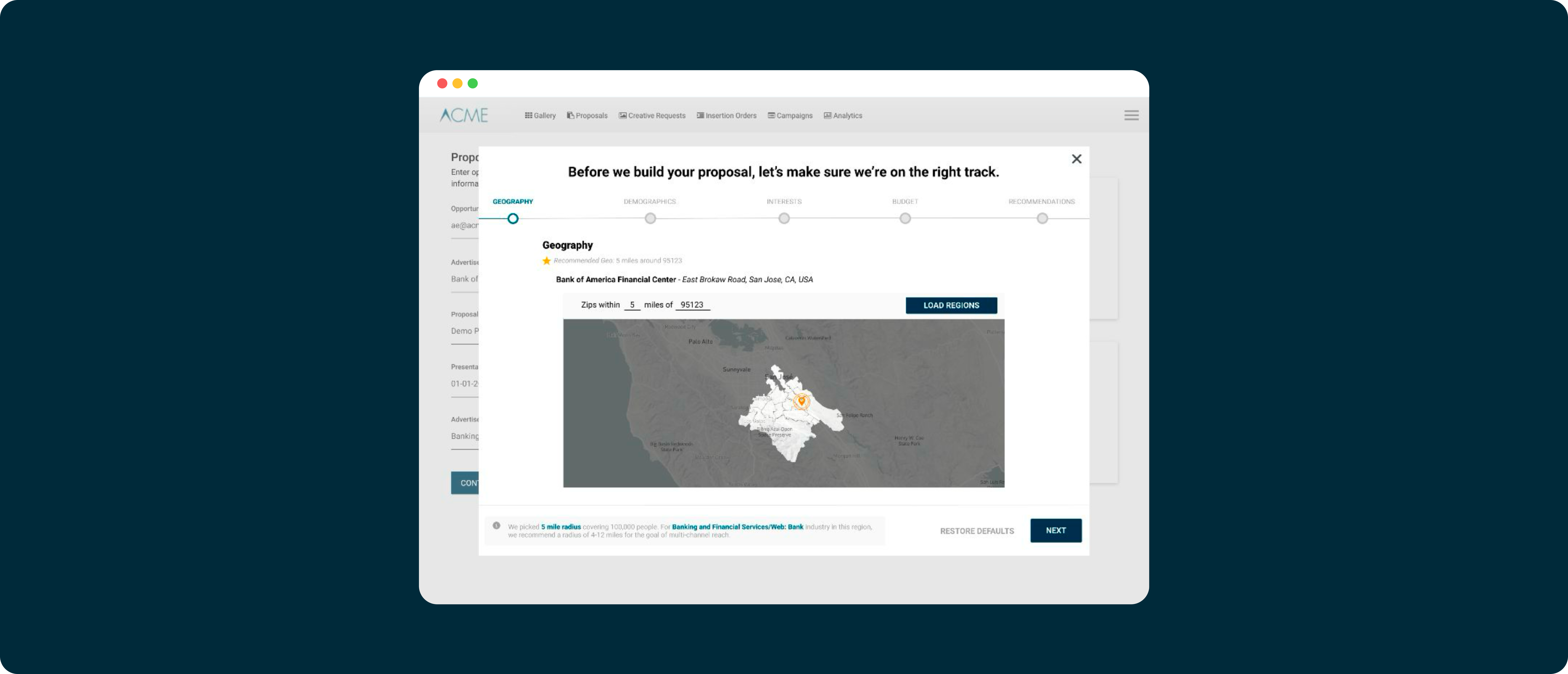 Modal-based proposal builder showing a step-by-step workflow with a map-based geography selection and progress indicator across multiple steps.