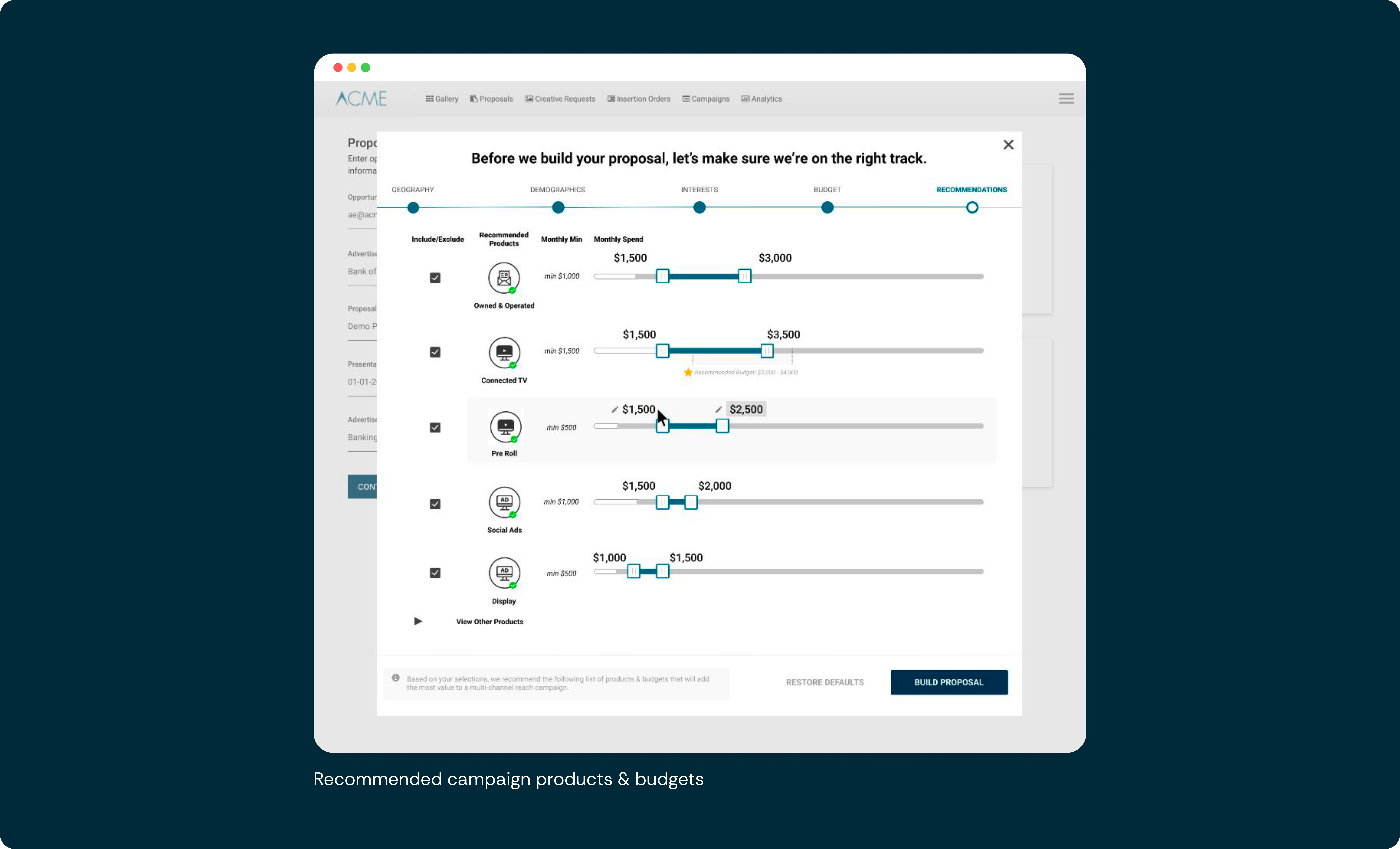 Proposal builder interface displaying recommended advertising products with adjustable budget sliders and progress indicator showing the final step of the workflow.