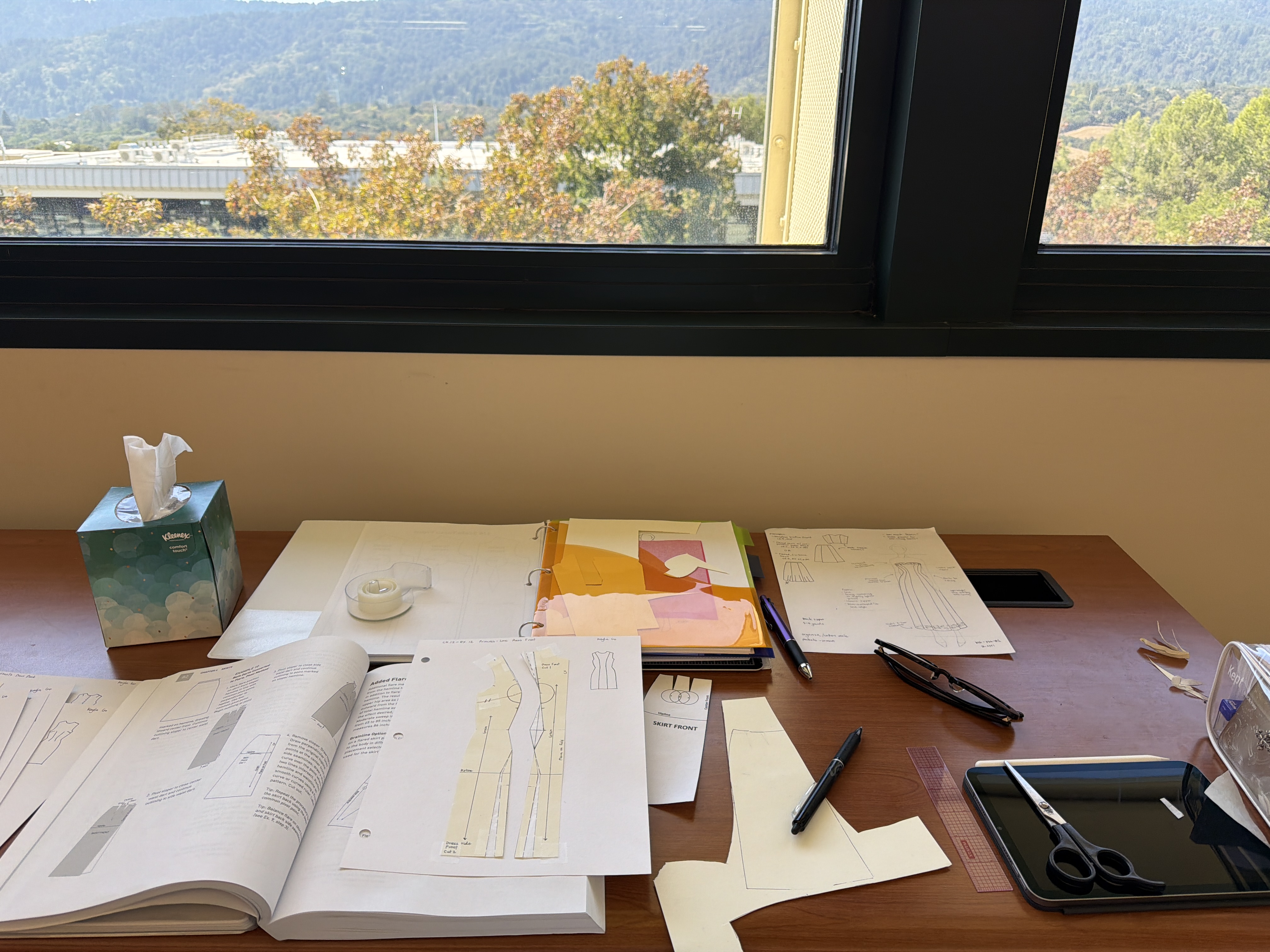 Messy desk practicing pattern drafting exercises