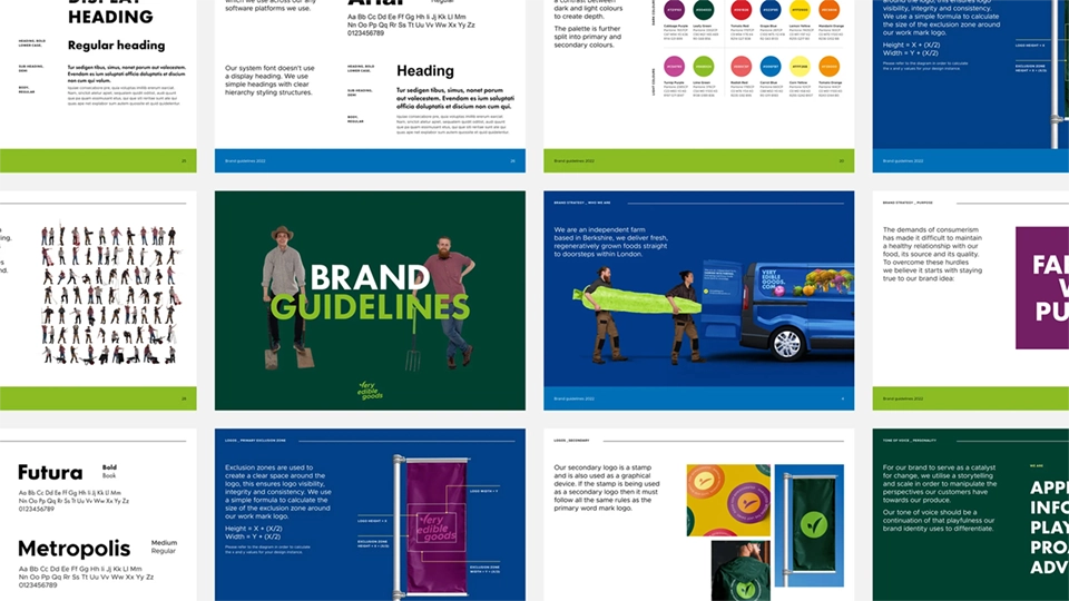 Identity system slides for Very Edible Goods branding.