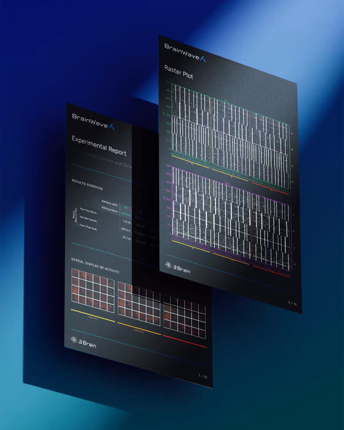 Visualization of neuroscience experimental reports from the 3Brain BrainWave 6 platform. 