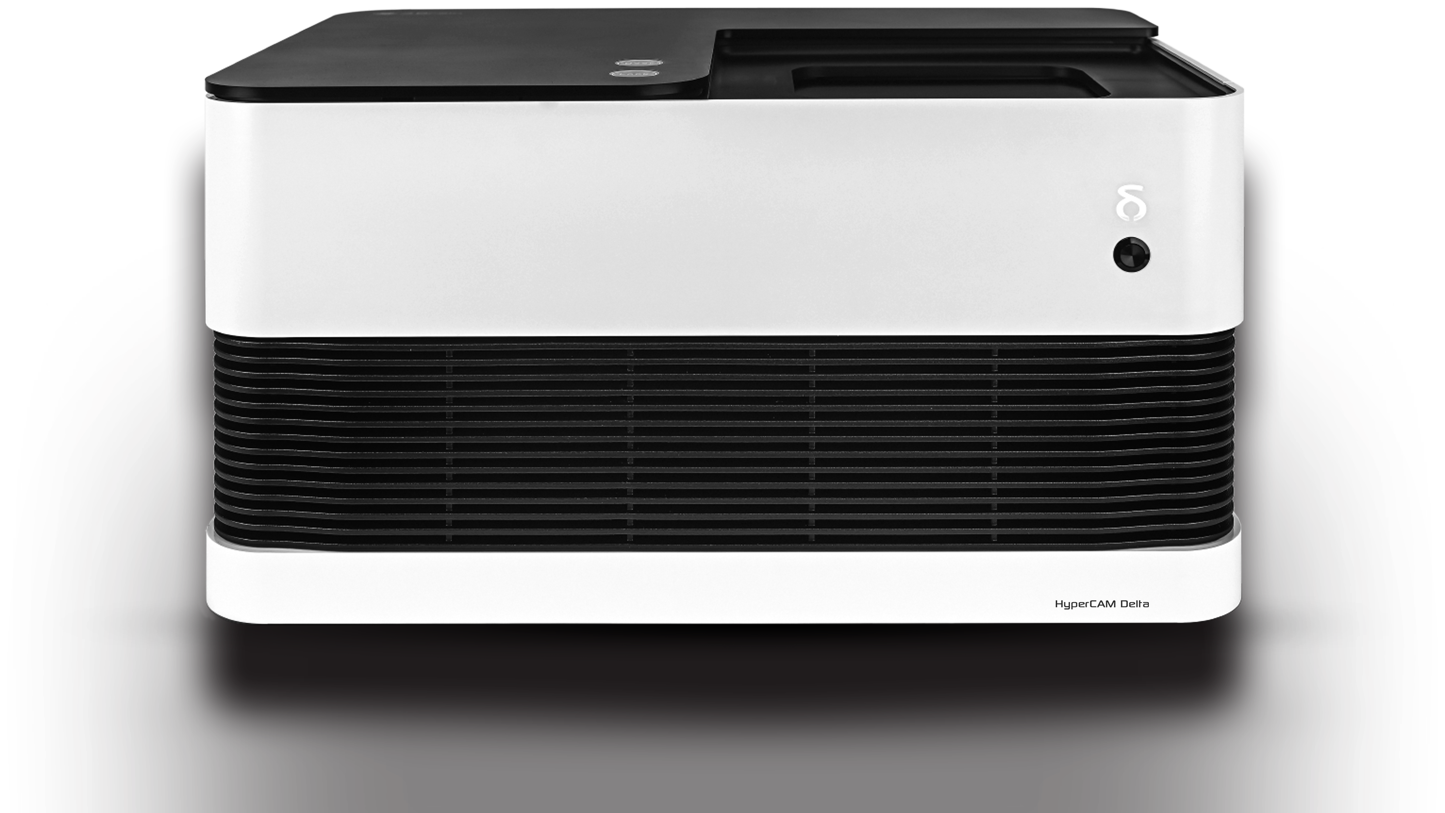 Front view of a HyperCAM Delta projector with a white and black rectangular design.